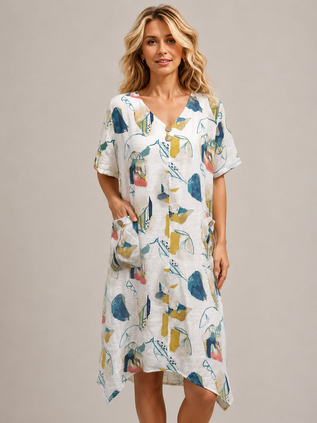Creation Abstract Pocket Sleeveless Dress by Creations in white with abstract prints and front pockets, casual loose fit style.