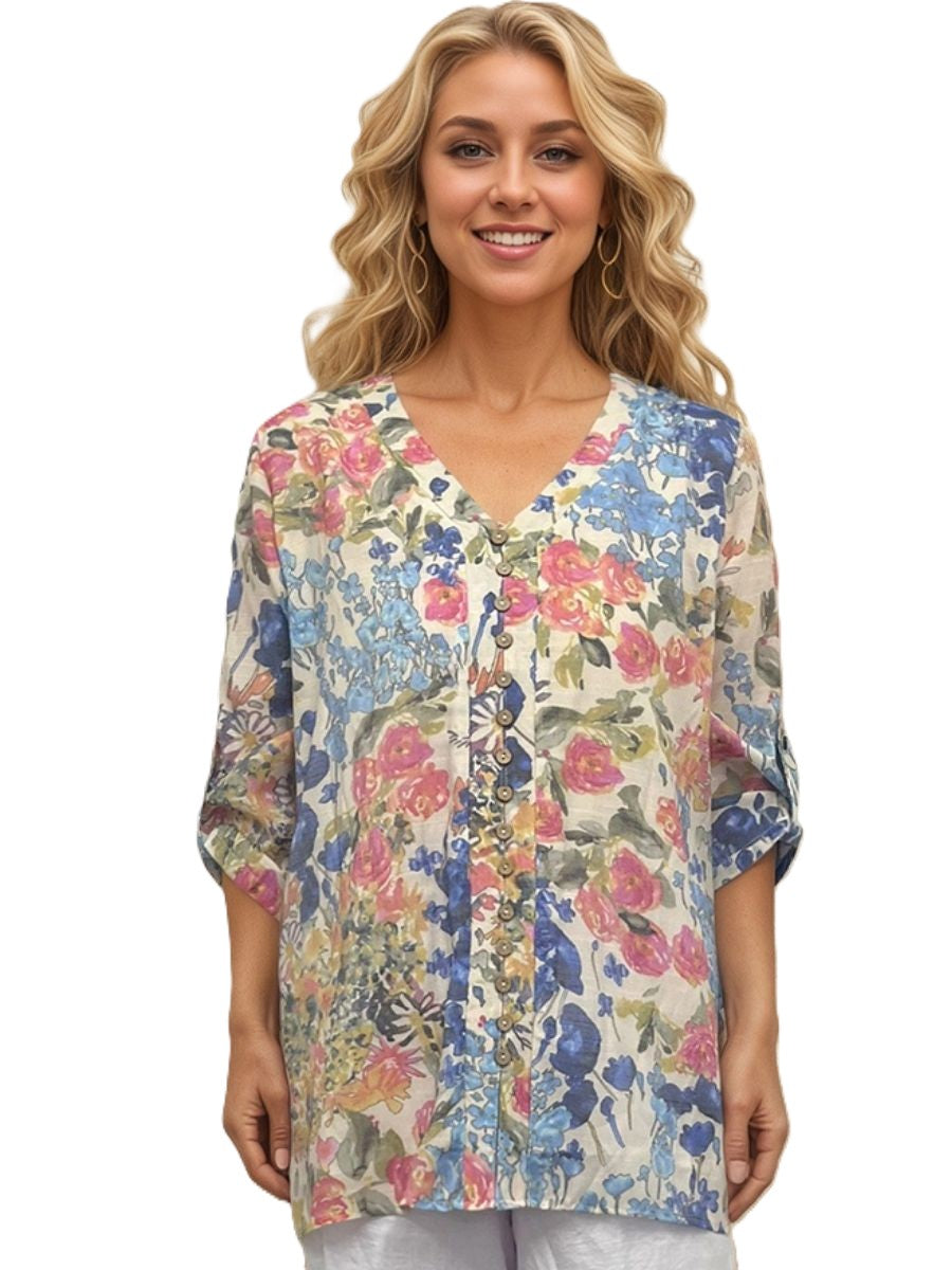 Creations Bonnie Button Front Printed Roll Sleeve Top with floral print and button details in soft pastel colors