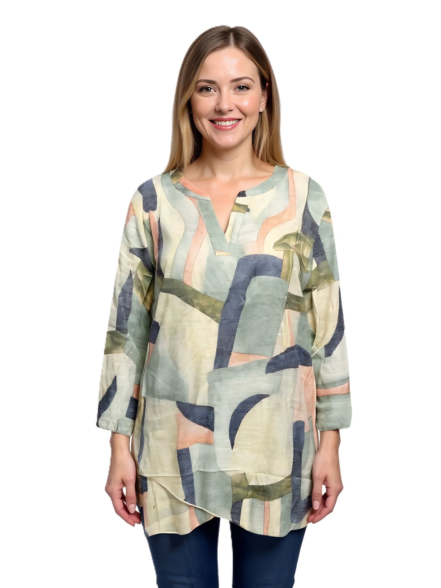 Asymmetrical Crossover Printed Roll Sleeve Top by Creations in muted abstract colors, styled with casual pants