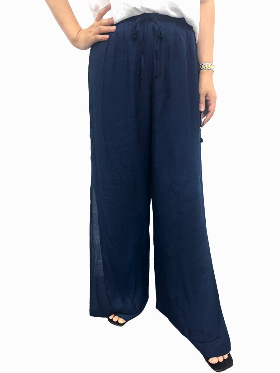 Navy blue Creation Solid Double Layer Pants by Creations, featuring a relaxed fit and drawstring waist detail.