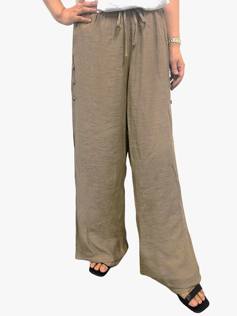 Taupe lightweight Creation Solid Double Layer Pants by Creations with side button details and a drawstring waist