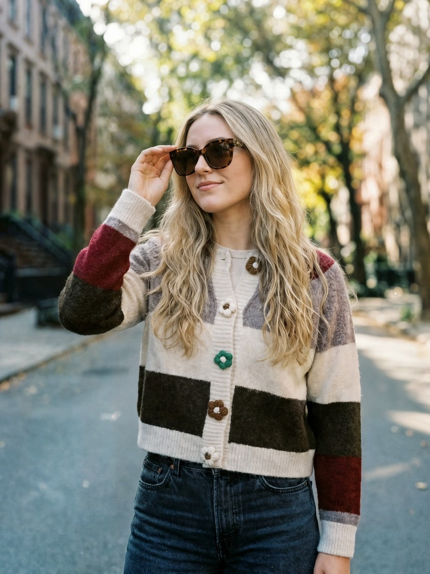 Striped Flower Button Cardigan