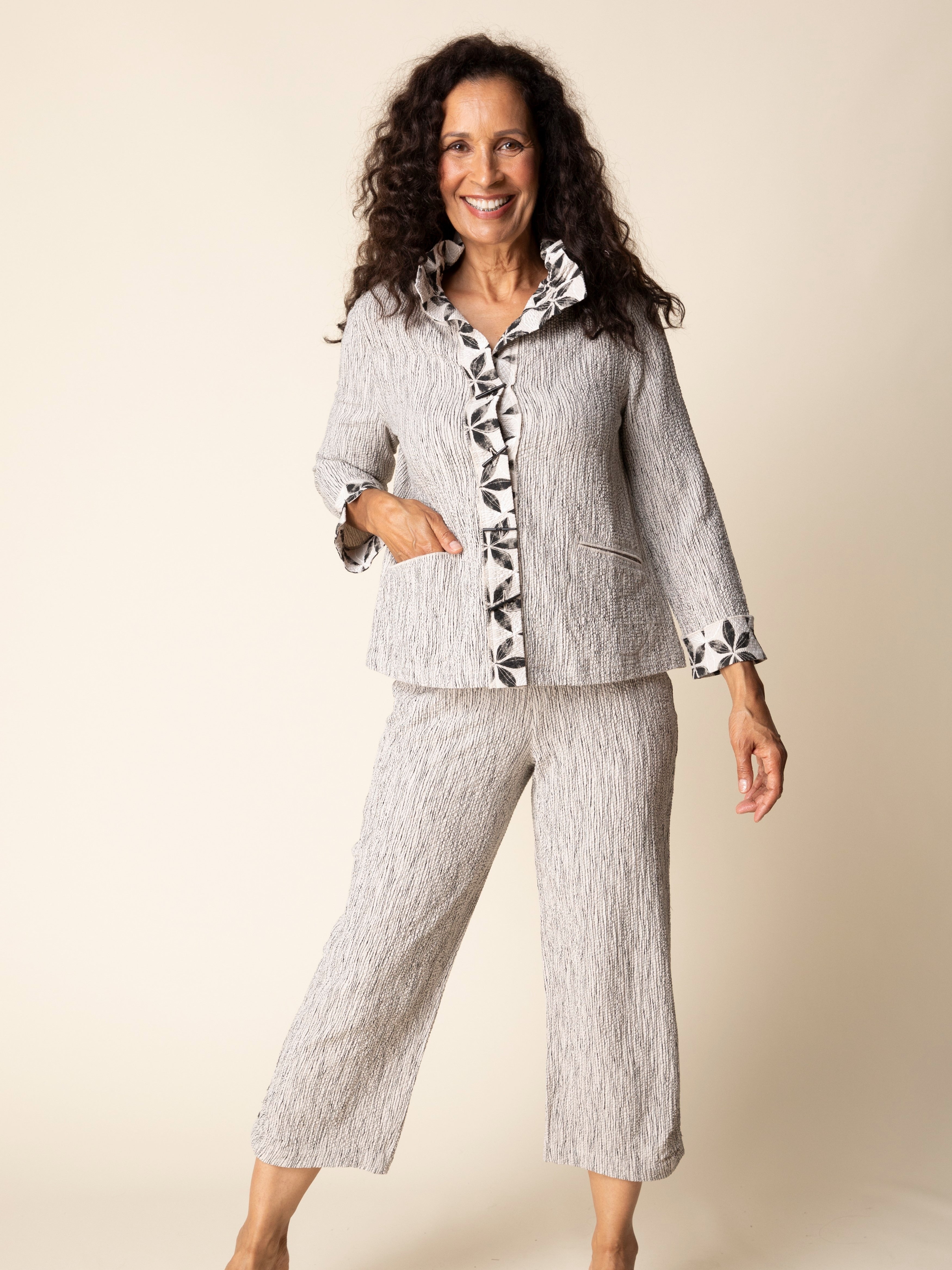 Elegant crinkle blazer with floral trim from Habitat, the Habitat Luna Amalfi Floral Crinkle Button-Front Blazer.