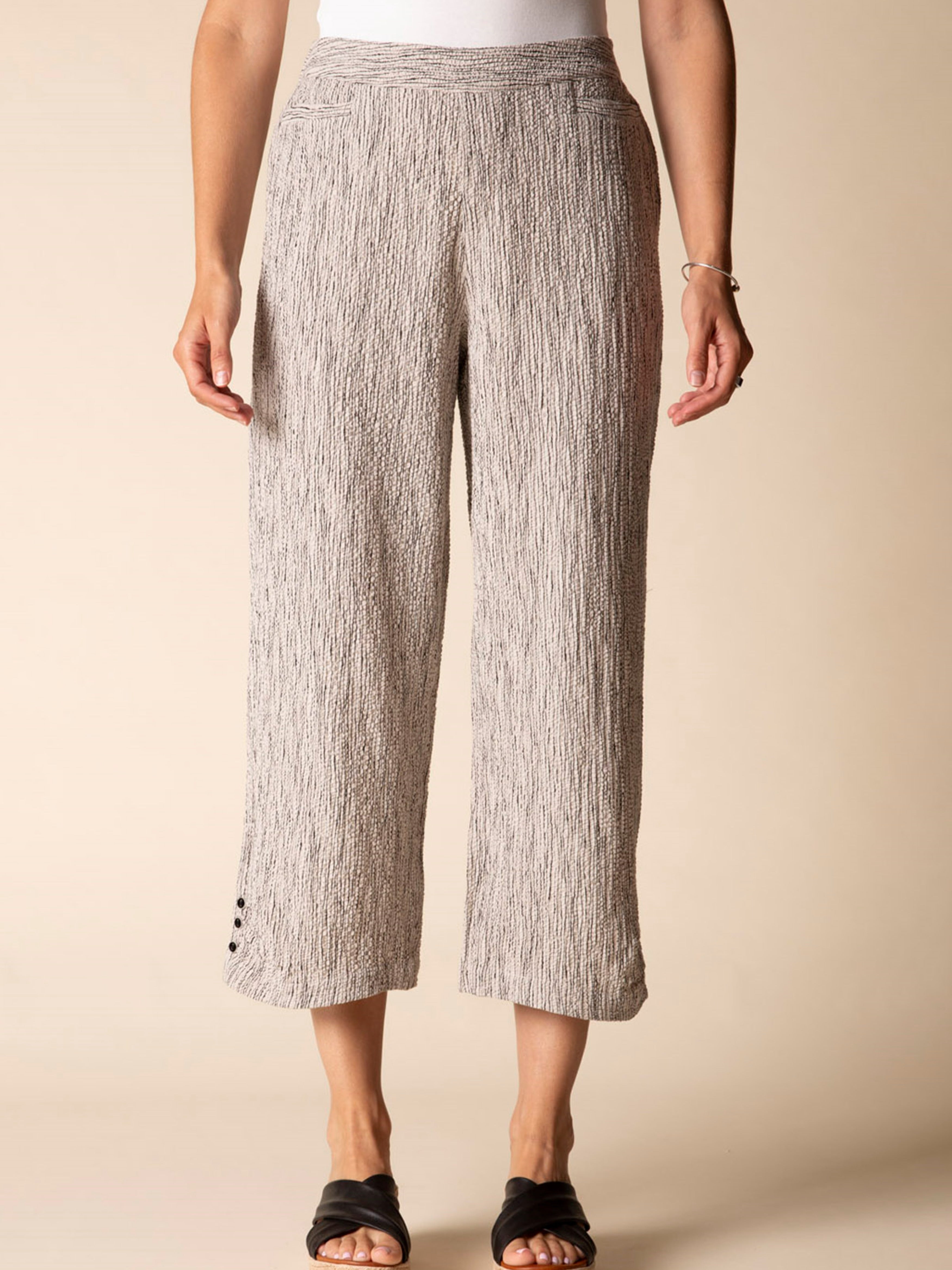 Habitat Amalfi Floral Crinkle Stripe 24" Crop Pants in beige crinkle fabric with button detail at hem