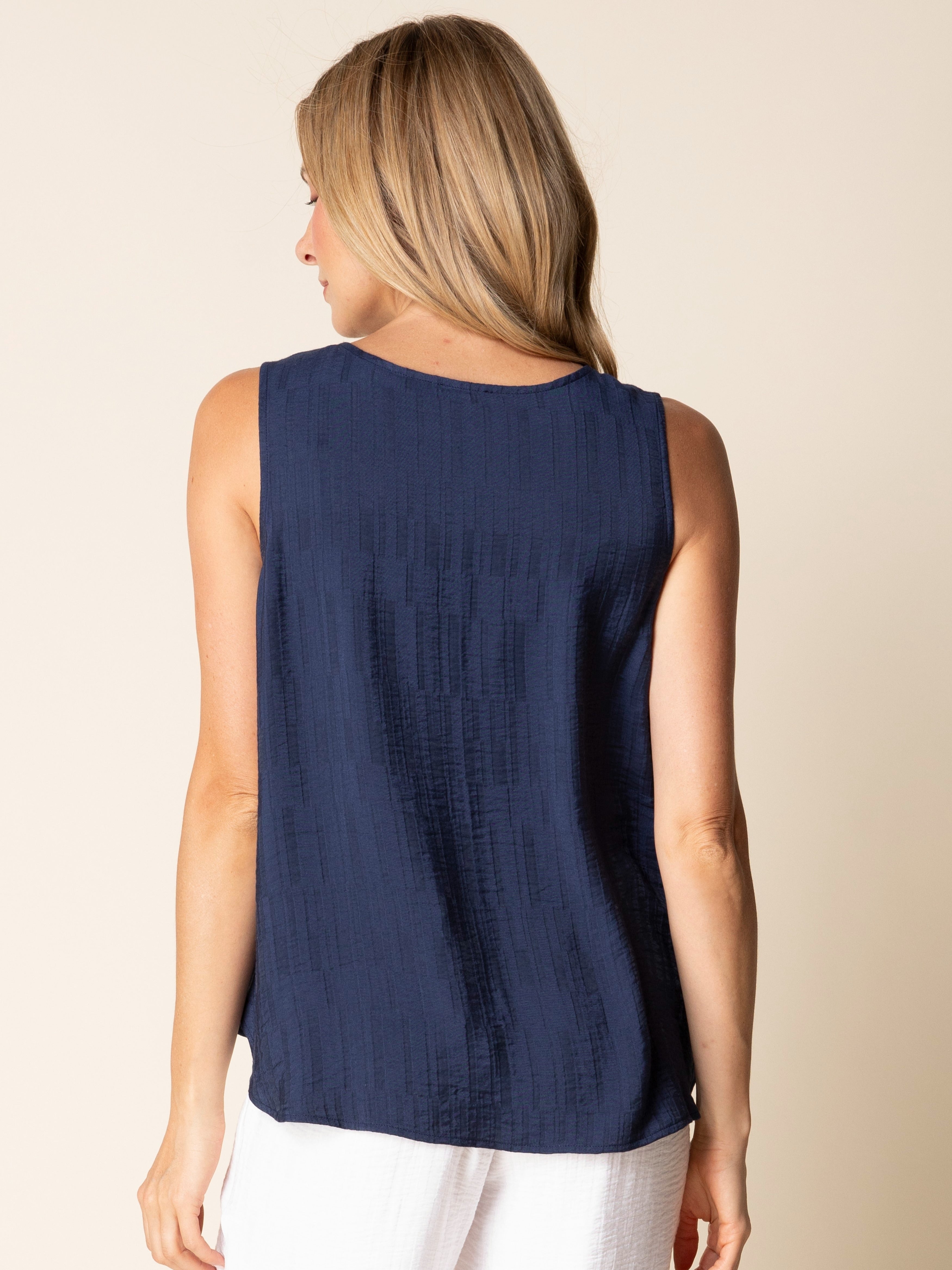Back view of navy Habitat Button-Layered Soft Jacquard Sleeveless Top showcasing textured fabric and relaxed fit.