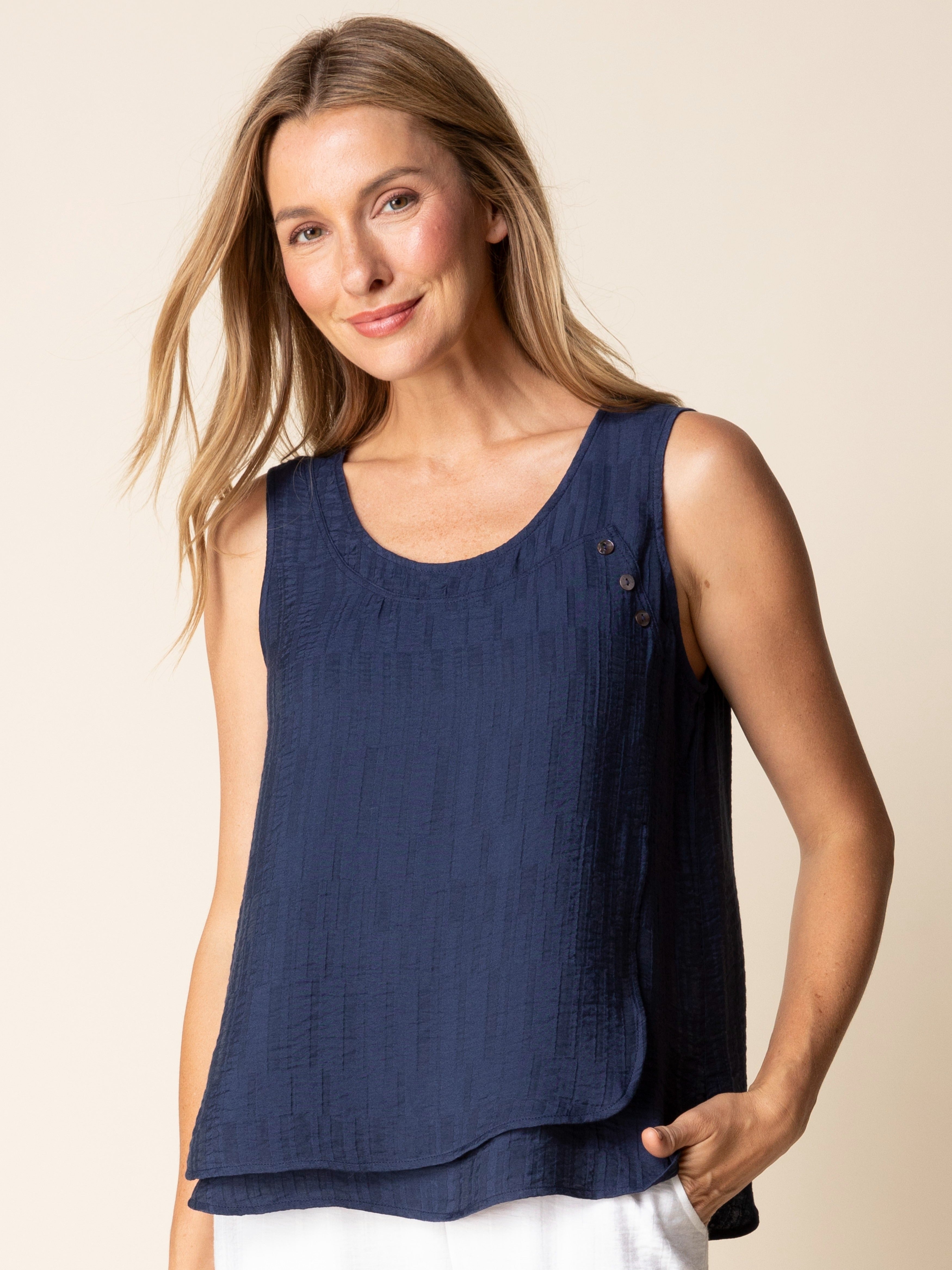 Habitat Button-Layered Soft Jacquard Sleeveless Top in navy blue with subtle texture and button details on the shoulder.