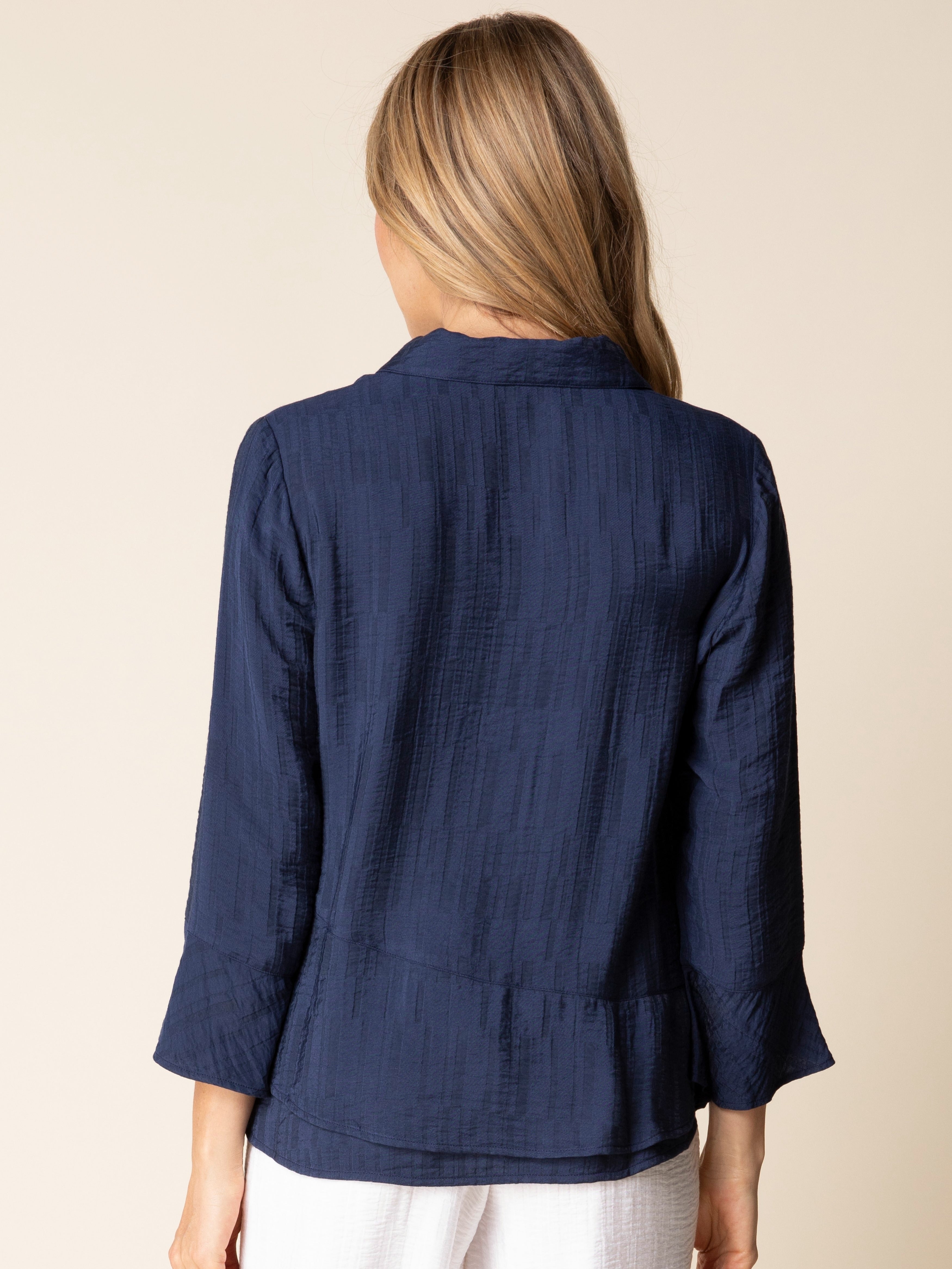 Habitat Flounce Button-Front Soft Jacquard Shirt in navy blue with textured fabric and flounce detail on sleeves and hem