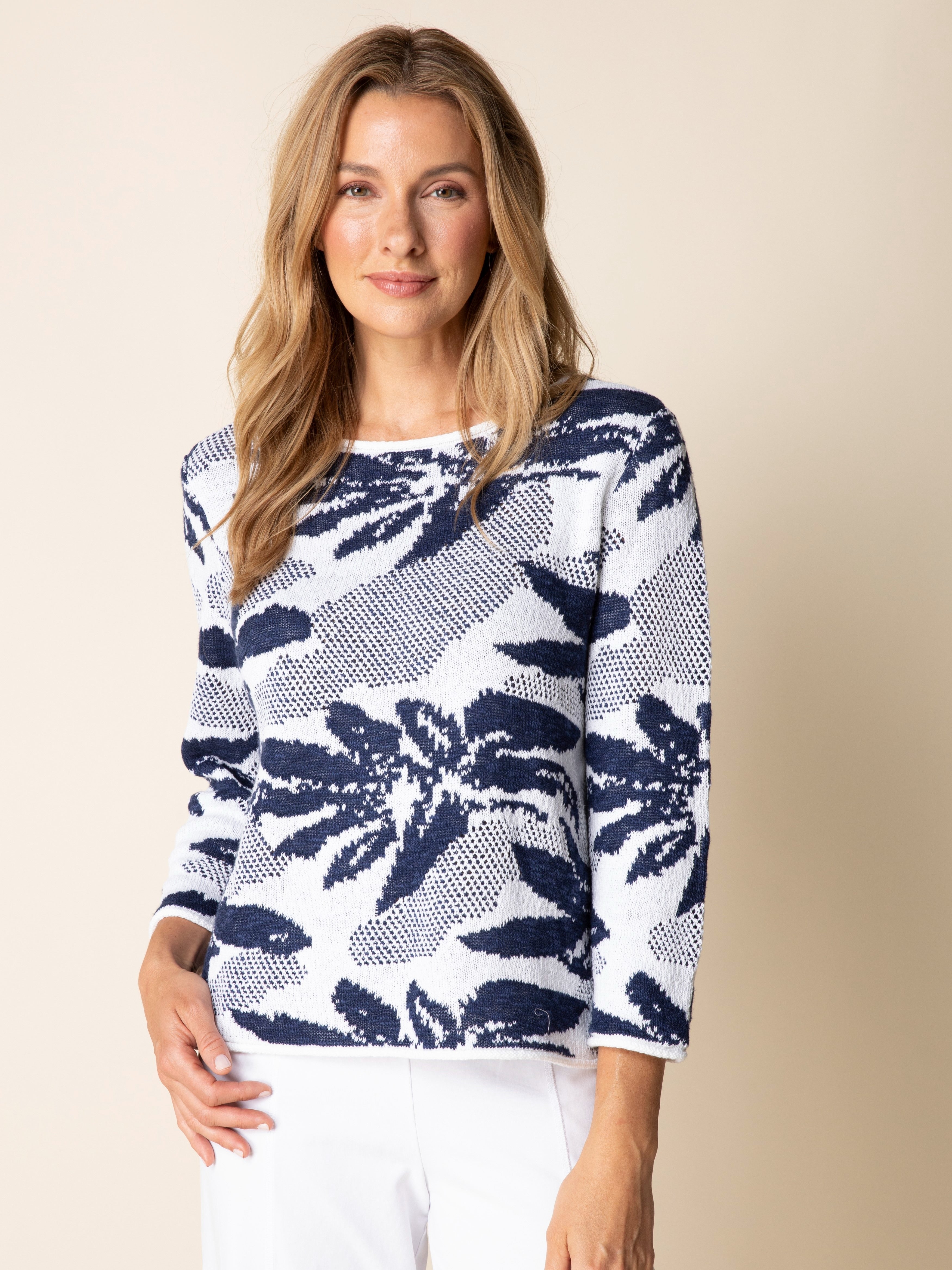 Navy and white sweater with floral pattern, Habitat Sunflower Stitch Cotton Blend Crewneck Sweater by Habitat, outerwear style