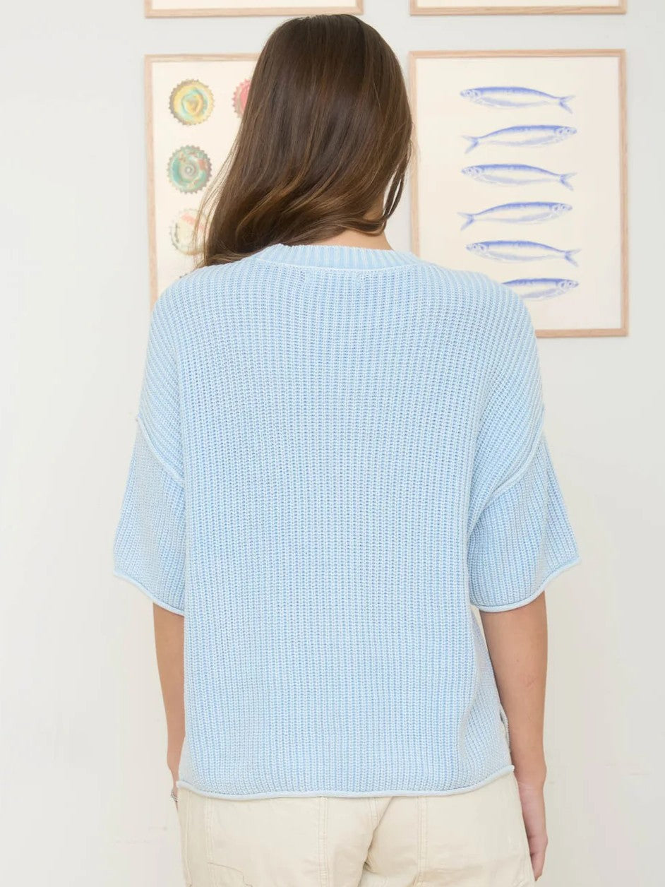 Light blue short-sleeve knit sweater shown from the back against a neutral wall with framed fish and shell prints.