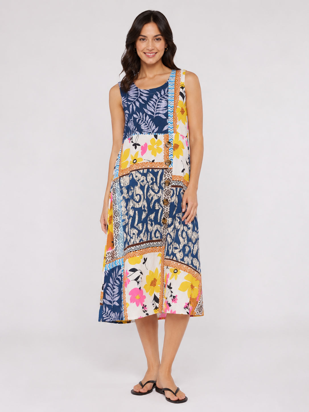 Patchwork Print Sleeveless Midi Dress