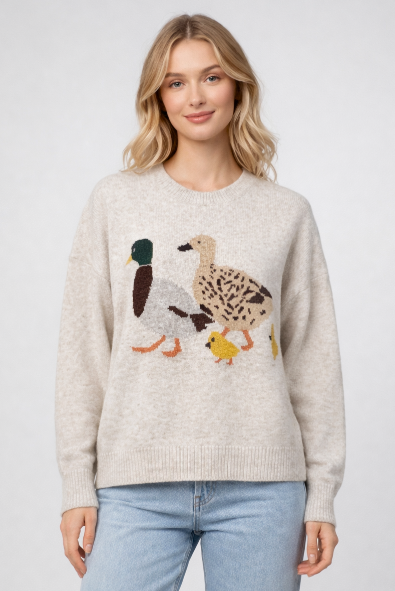Light taupe Duck Family Crew Sweater by Dreamers featuring a duck family knit design, styled with light denim jeans.