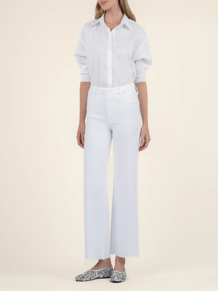 Kut from the Kloth Meg White Wide Jeans styled with a classic white shirt and patterned flats by Kut from the Kloth.