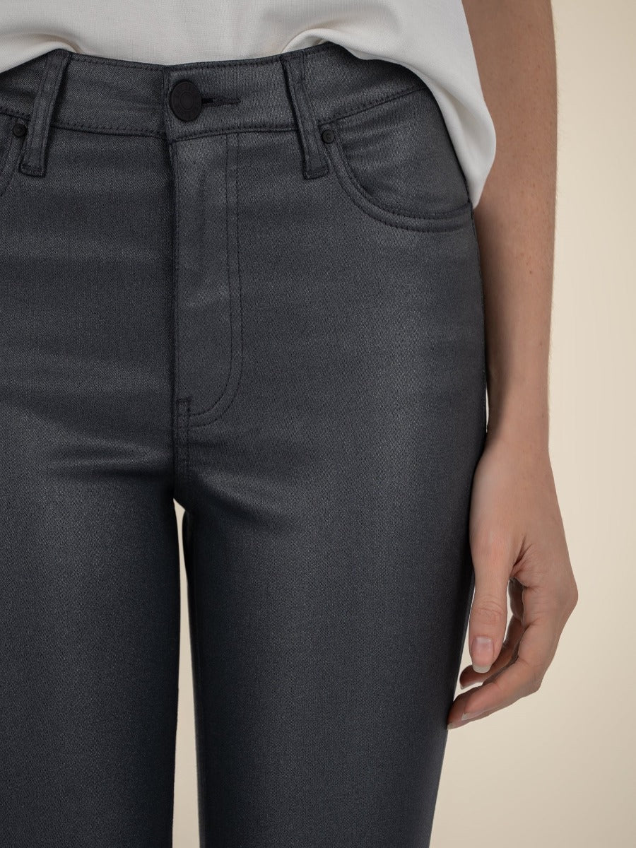 Close-up of black shimmer denim front pockets and waist detail in Kut from the Kloth Kelsey Shimmer Flare Jeans by Kut from the Kloth