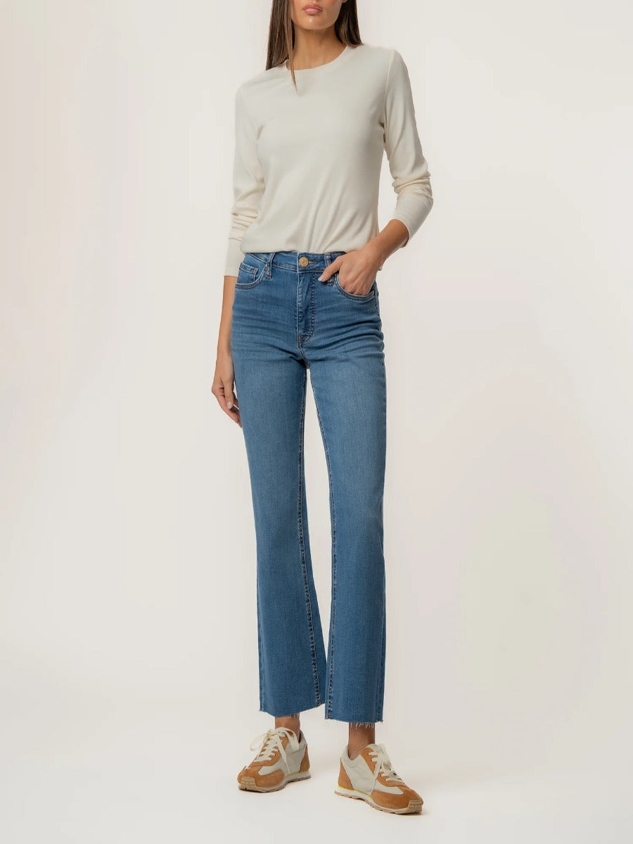 Slim fit denim featuring a high rise and ankle flare in medium wash by Kut from the Kloth Kelsey High Rise Ankle Flare Jeans