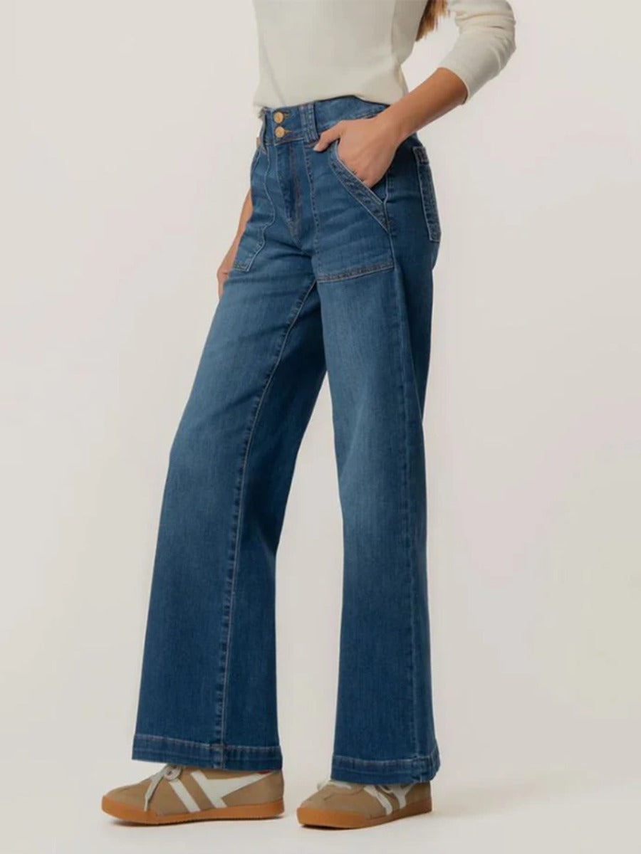 Kut from the Kloth Jodi 32” Wide Jeans in medium blue denim with front pockets and relaxed wide leg fit.