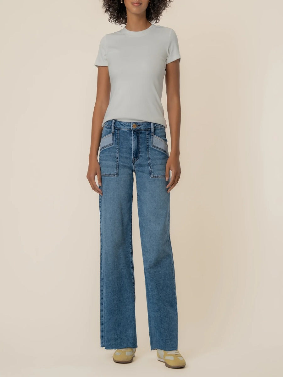 Kut from the Kloth Maya High Rise 31” Wide Leg Jeans in medium blue denim with patch pockets and contrast detailing