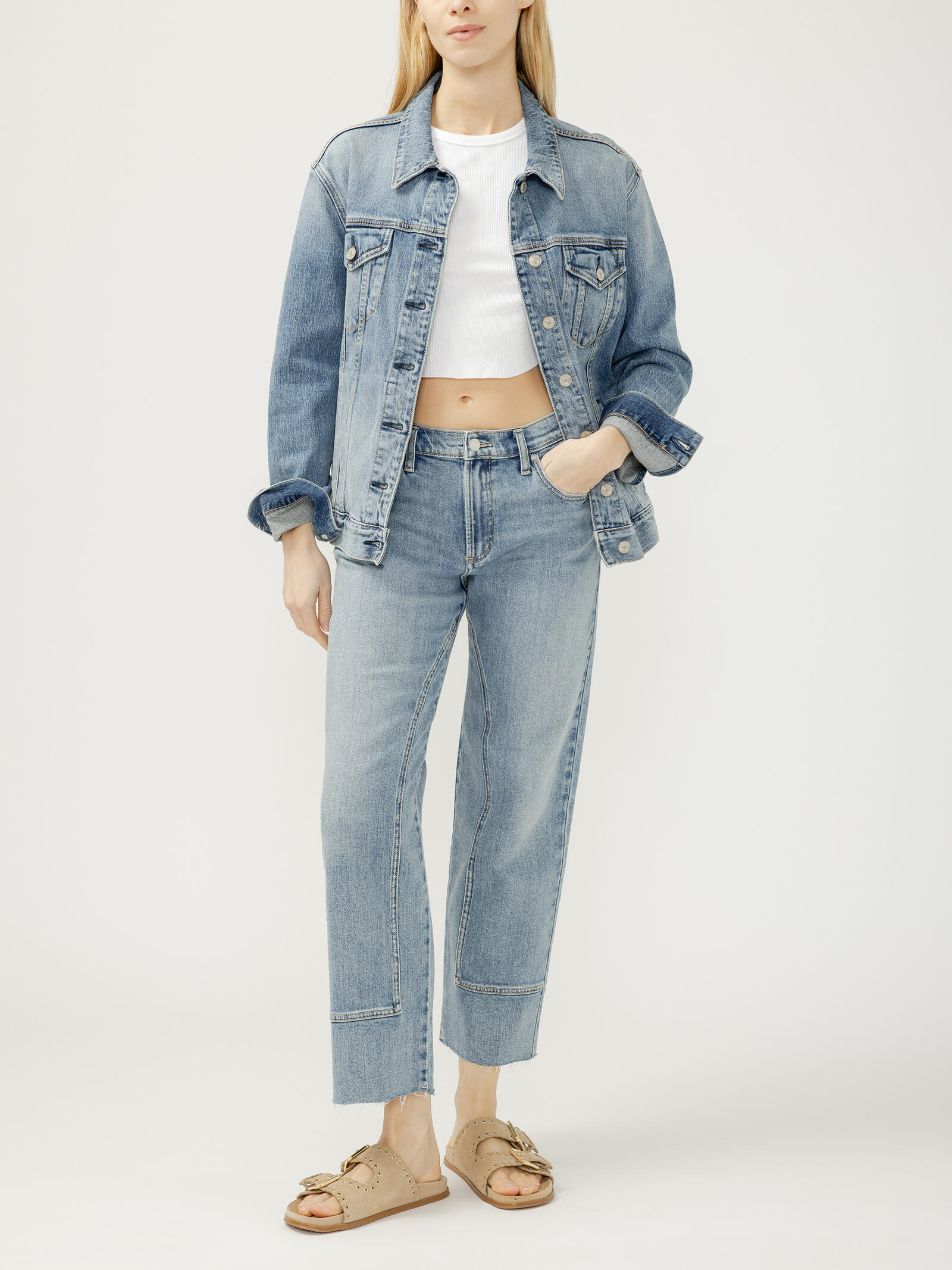 Silver Western Relax 10.75" Straight 28" Trouser paired with a denim jacket and white crop top by Silver.