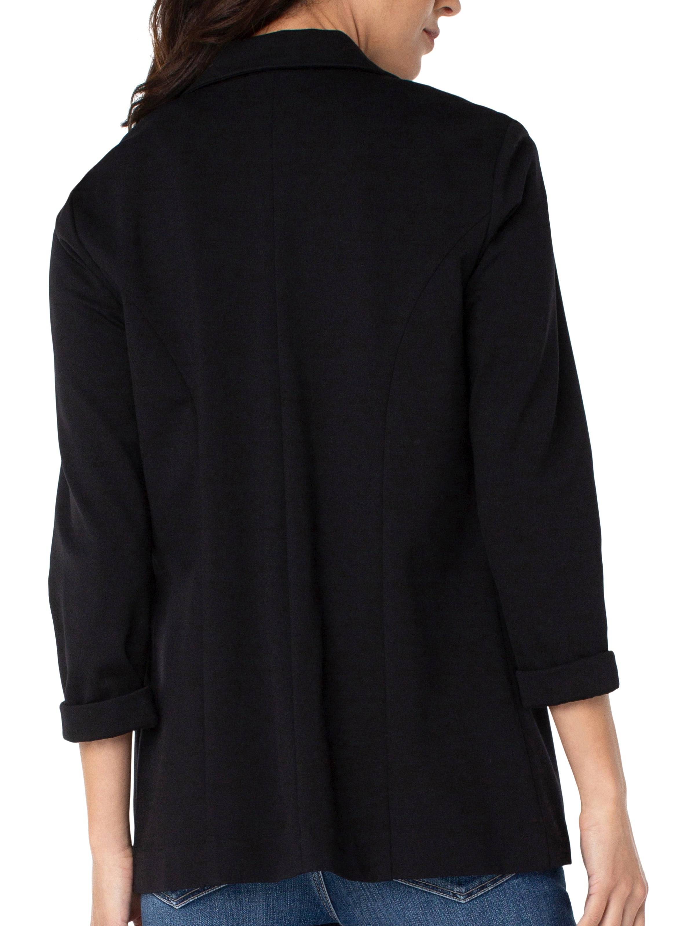 Back view of a black Liverpool Solid Boyfriend Blazer with three-quarter sleeves and relaxed fit outerwear.