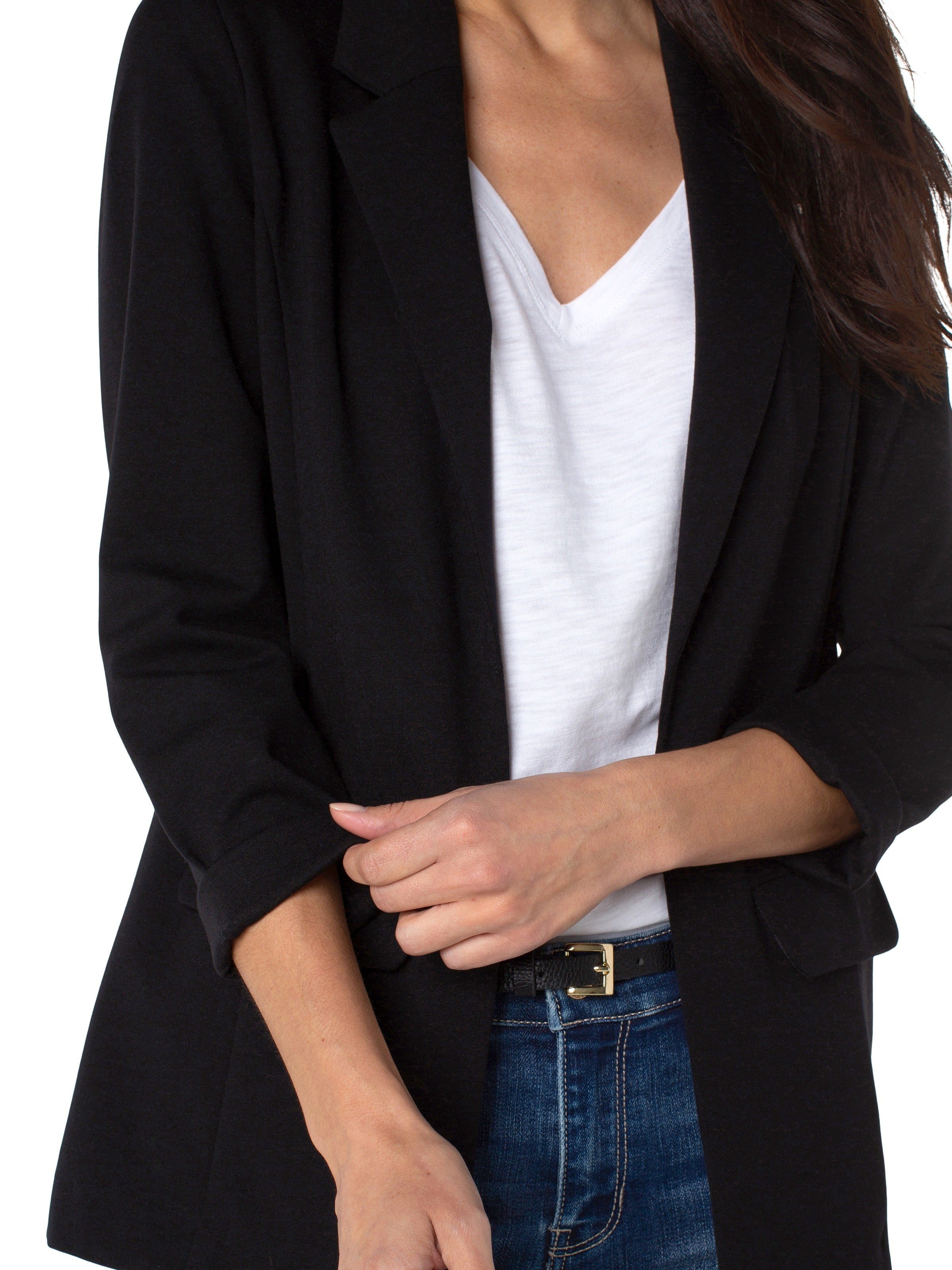 Close-up of Liverpool Solid Boyfriend Blazer in black worn over white top and denim jeans, showcasing casual outerwear style.