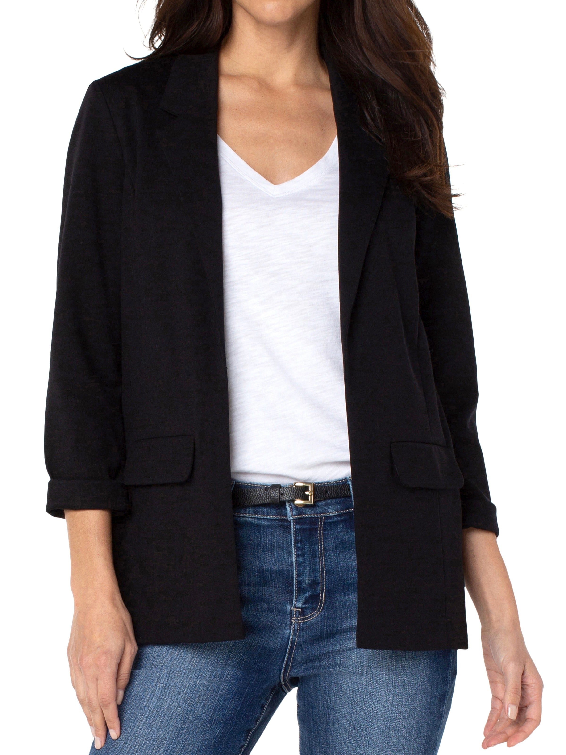 Liverpool Solid Boyfriend Blazer in black paired with white top and blue jeans, casual outerwear from Liverpool.