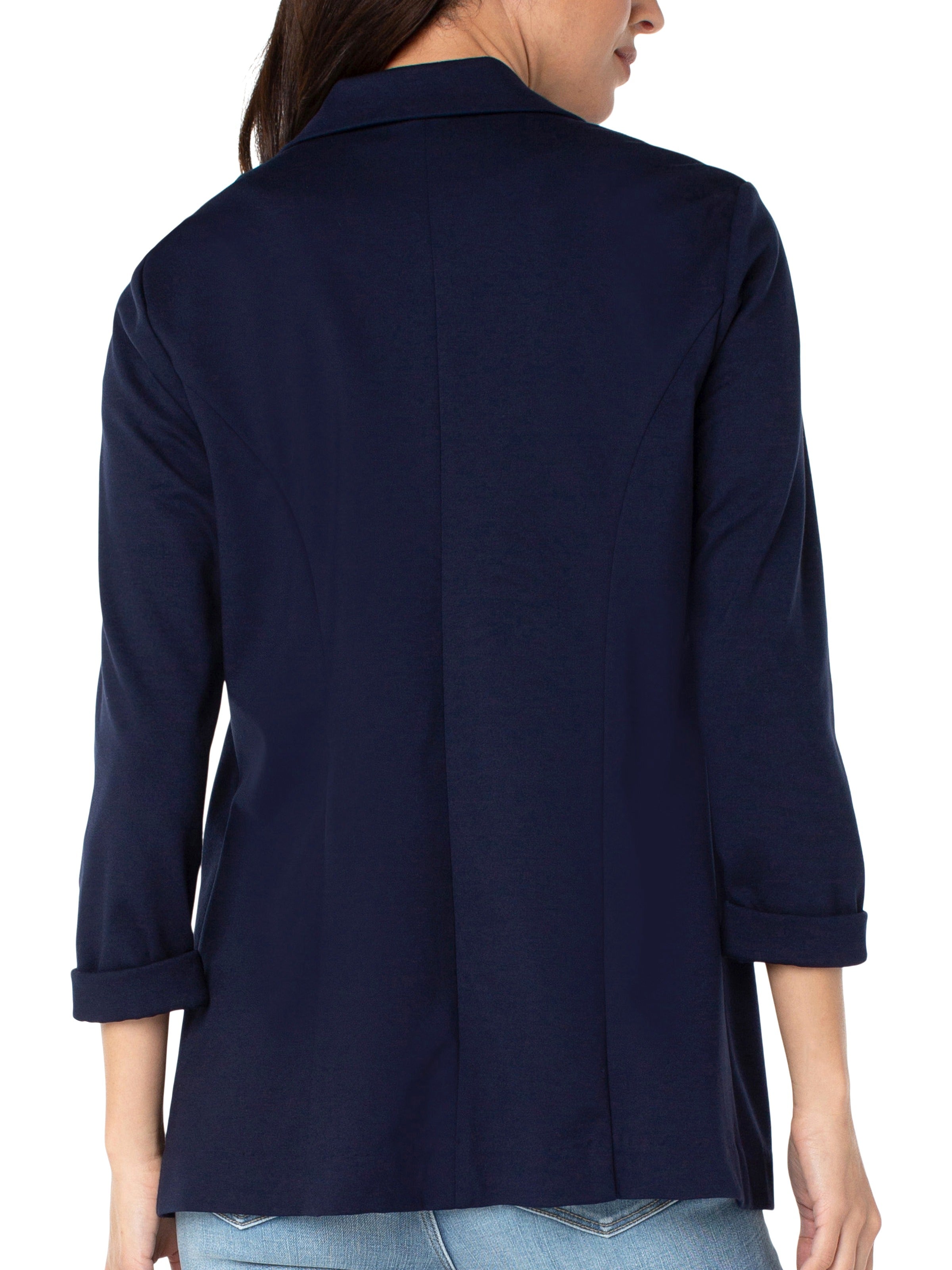 Back view of the Liverpool Solid Boyfriend Blazer in navy blue, styled as a casual outerwear jacket.