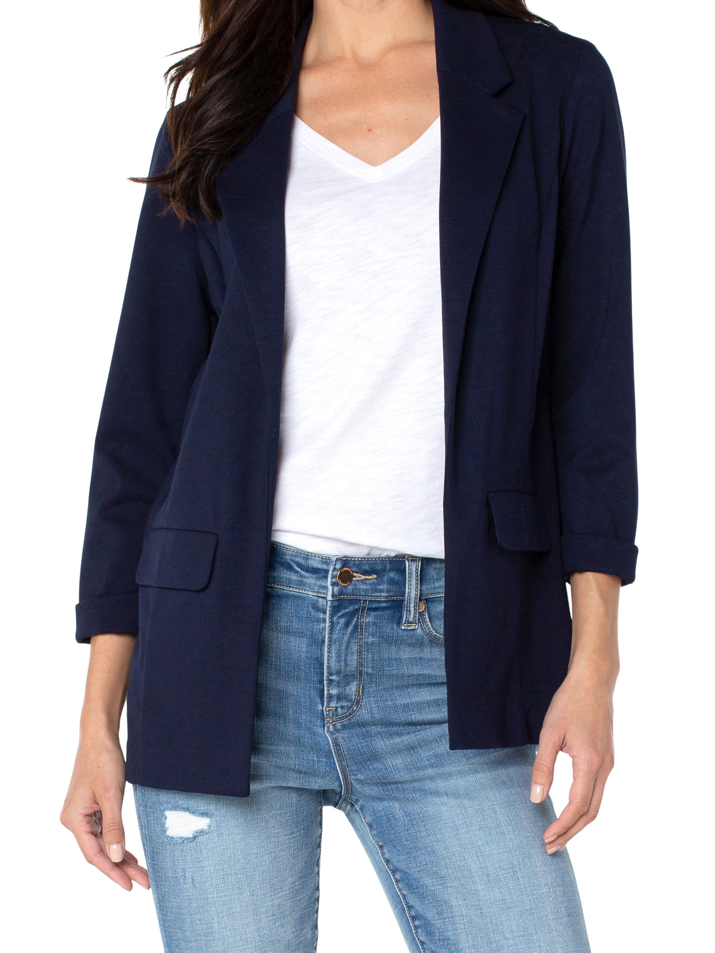Liverpool Solid Boyfriend Blazer in navy, styled with casual white top and light denim jeans, a versatile outerwear piece.