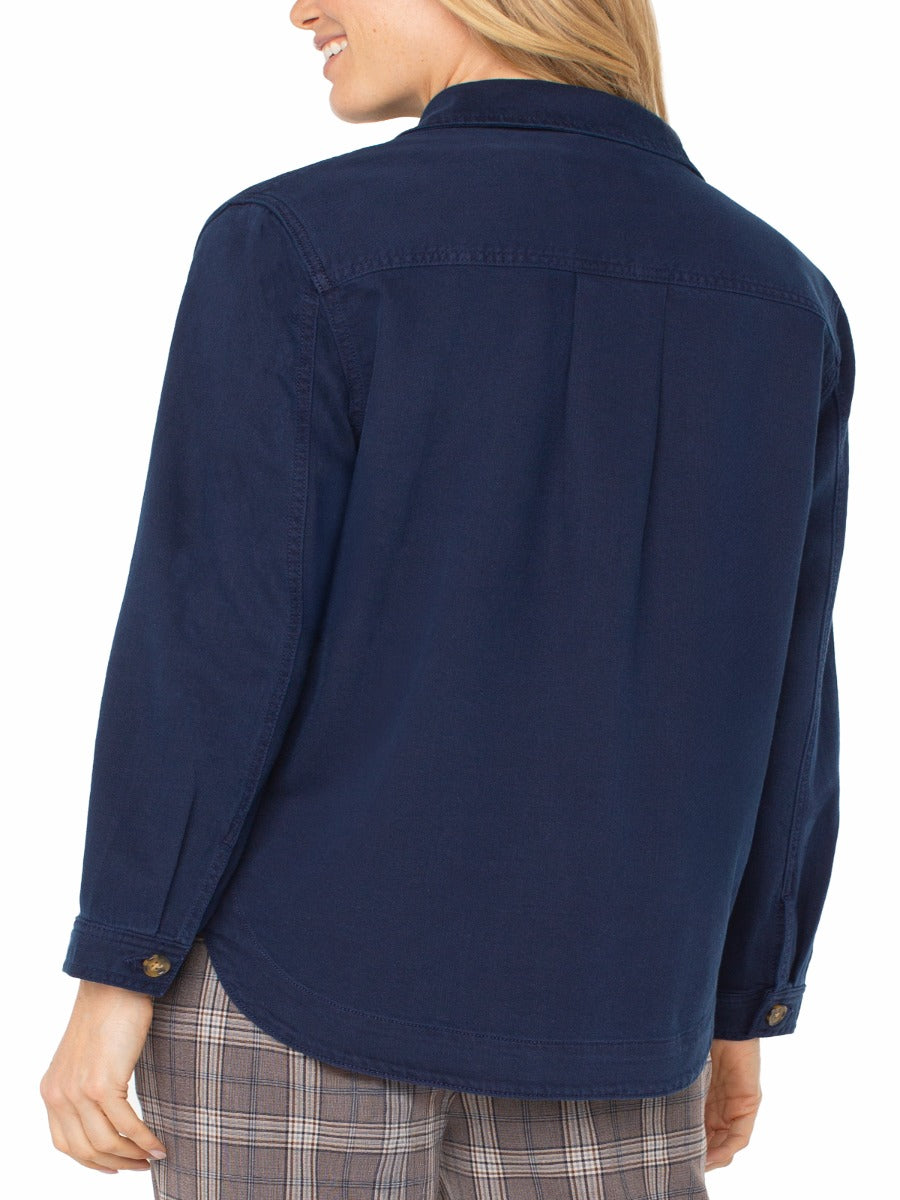 Back view of a navy Liverpool Jana Button Front Blazer paired with plaid pants by Liverpool outerwear brand.