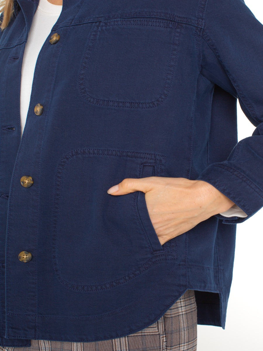 Close-up of a navy Liverpool Jana Button Front Blazer pocket and buttons on outerwear by Liverpool.