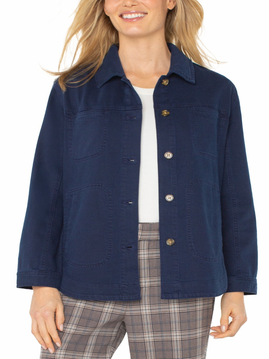 Liverpool Jana Button Front Blazer in navy denim by Liverpool, styled with plaid pants and a white top.