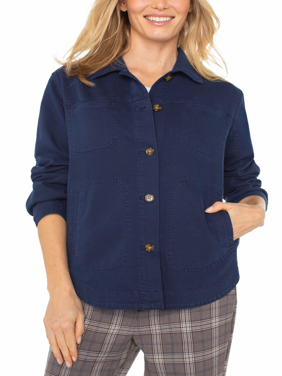 Navy Liverpool Jana Button Front Blazer with front pockets and button closure, styled with plaid pants from Liverpool.