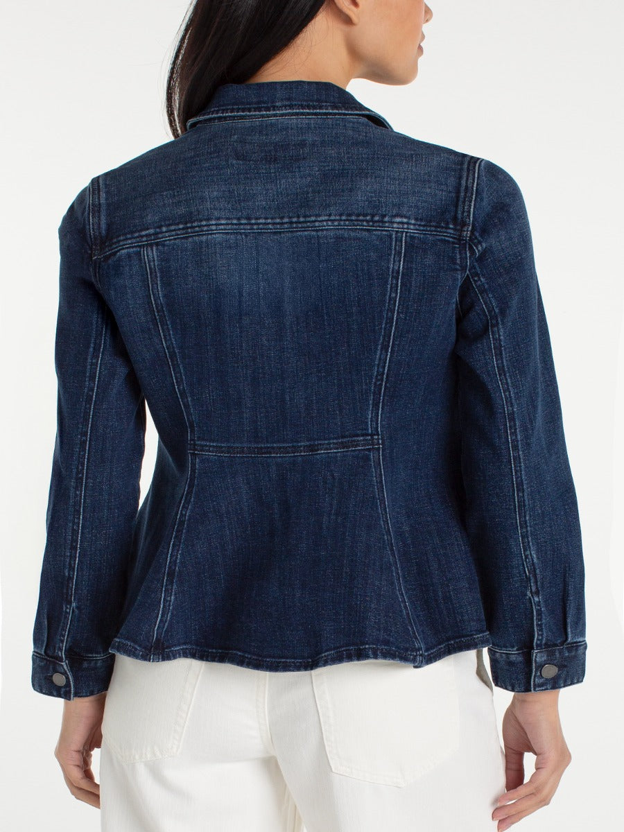 Back view of Liverpool Fit & Flare Denim Jacket in dark wash denim with fitted silhouette and button cuffs.