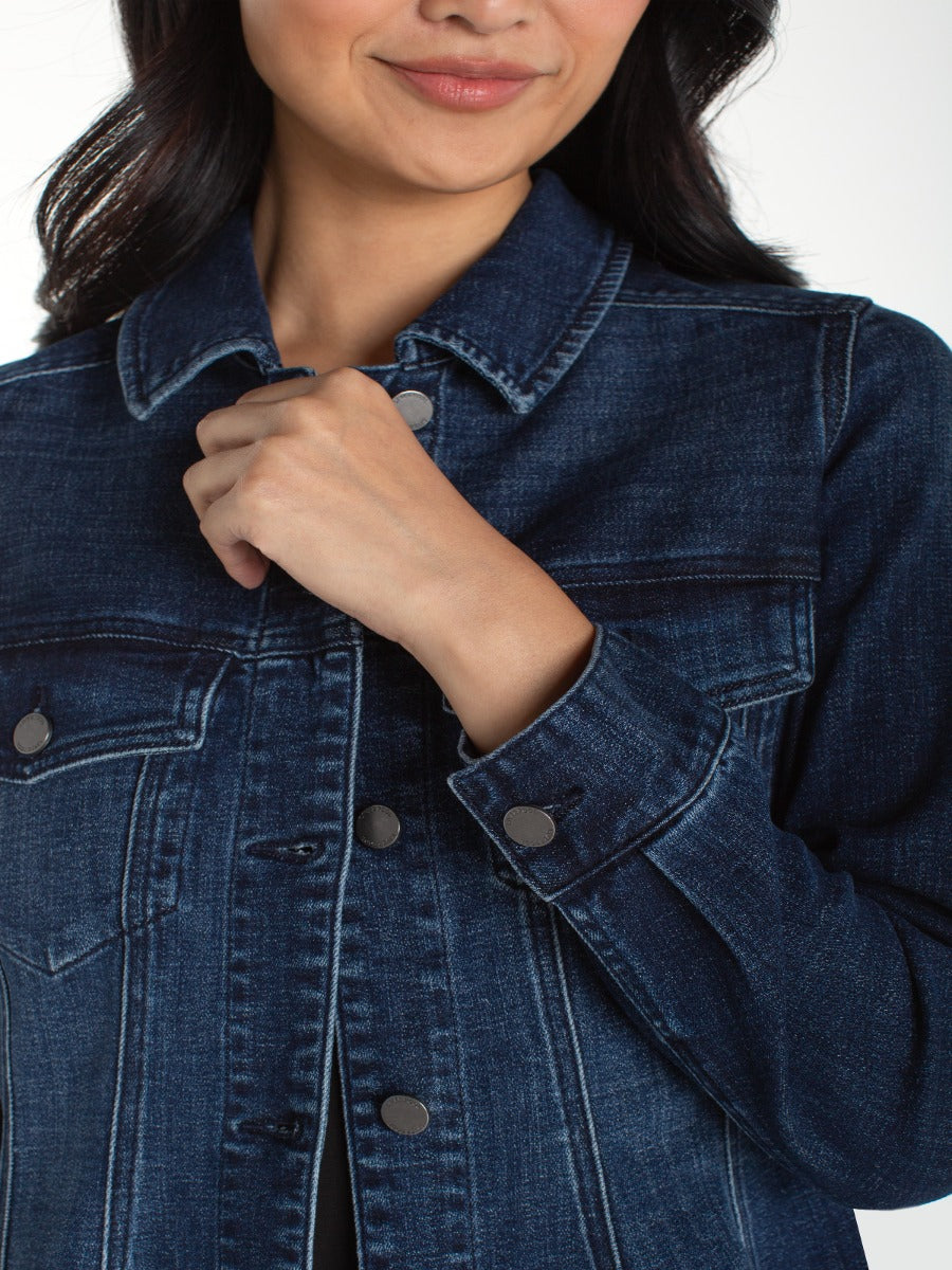 Close-up of a dark wash Liverpool Fit & Flare Denim Jacket showcasing button and stitching details by Liverpool.