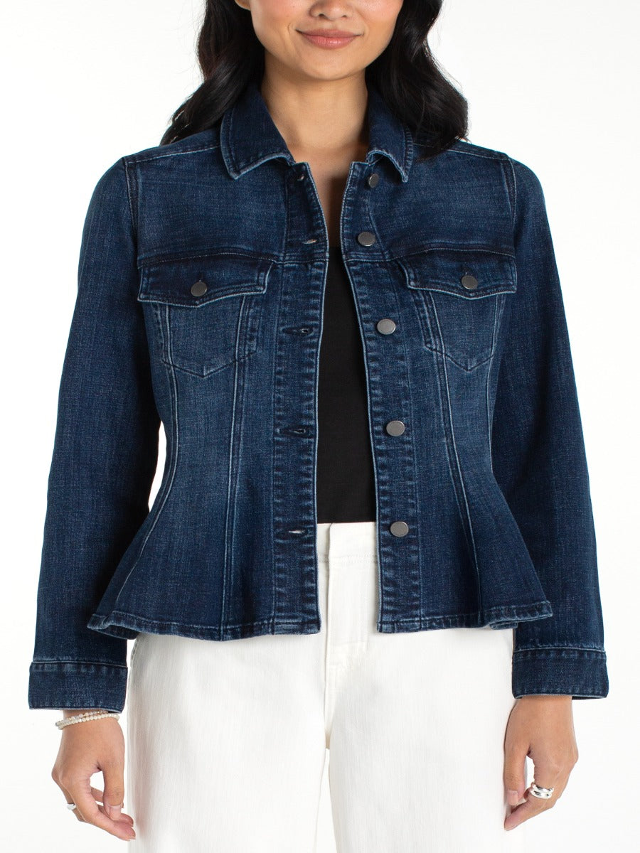 Liverpool Fit & Flare Denim Jacket in dark wash denim with button front and flap pockets by Liverpool