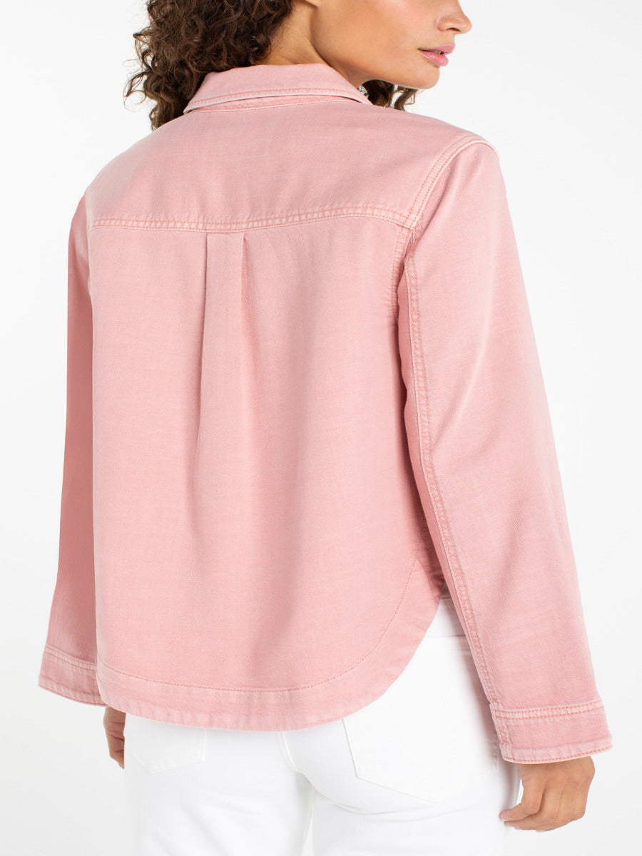Liverpool Jana Button Front Short Blazer in soft blush pink denim fabric by Liverpool, stylish outerwear jacket.