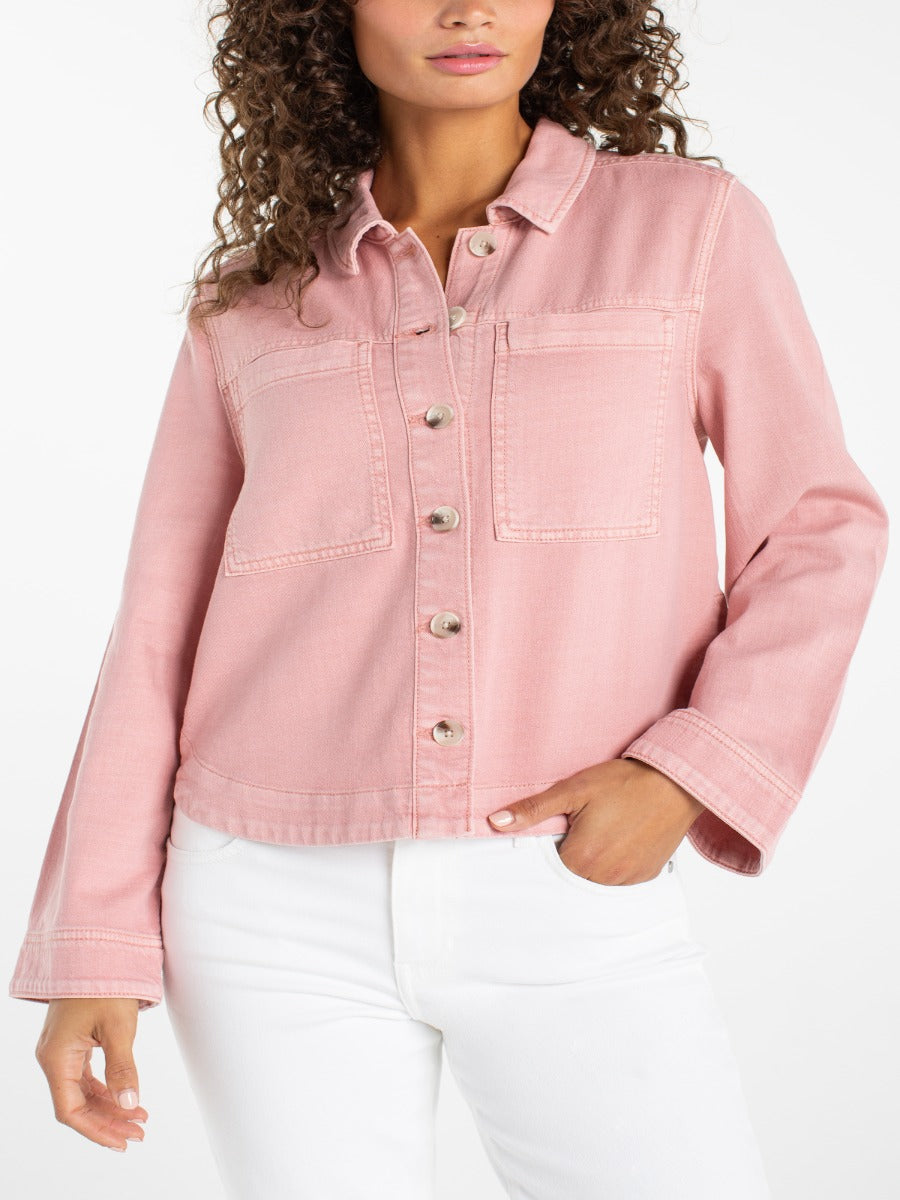 Liverpool Jana Button Front Short Blazer in blush pink denim jacket style with front pockets from Liverpool outerwear collection