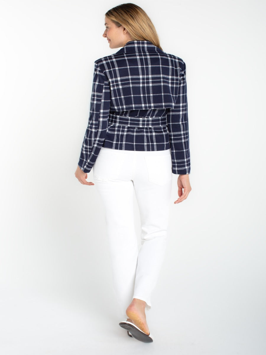 Back view of Liverpool Checkered Short Jacket in navy plaid paired with white pants, styled by Liverpool brand.