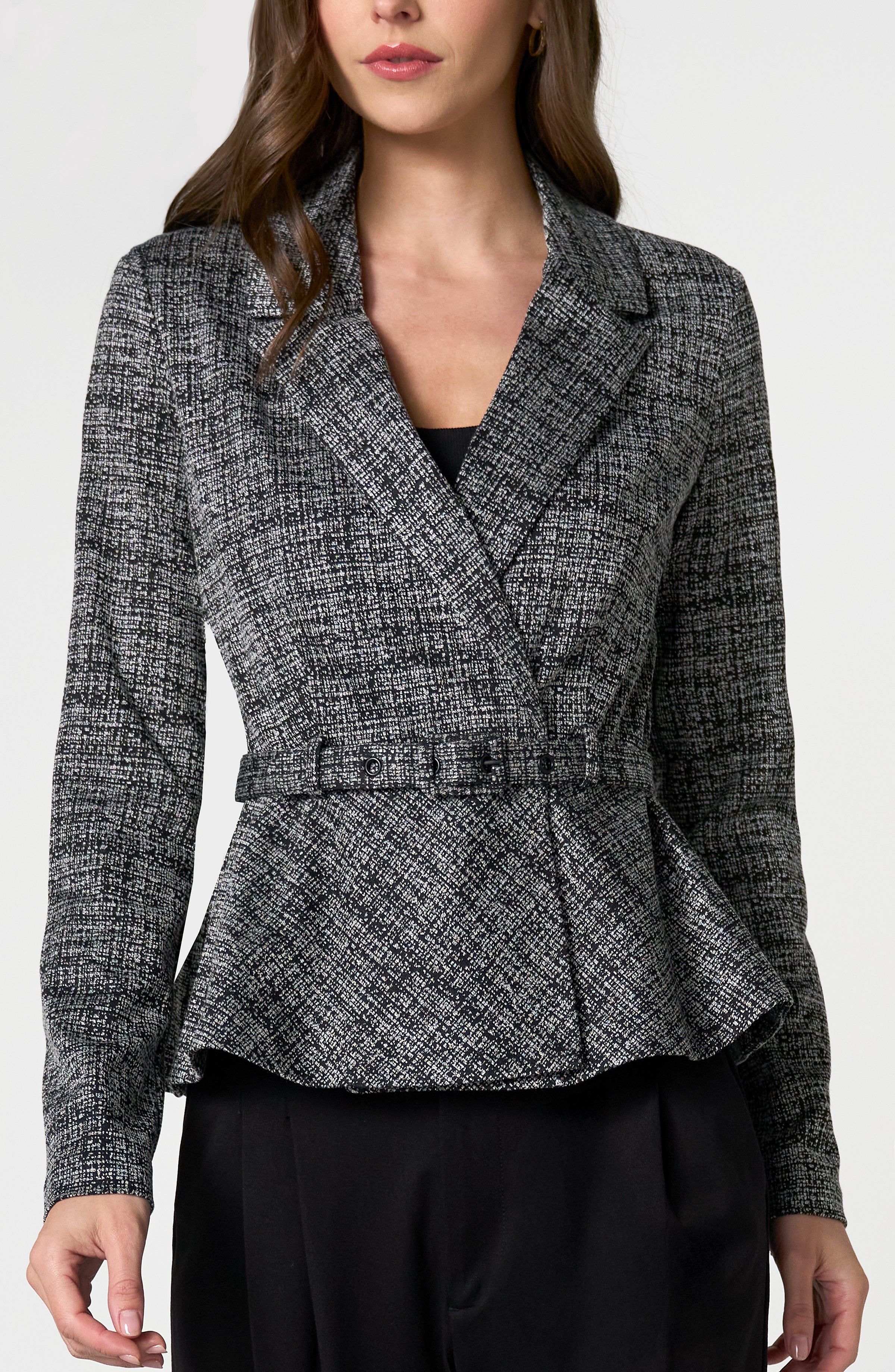 Liverpool Paula Peplum Tweed Blazer in black and white tweed with belt detail, tailored collar, and peplum hem design.