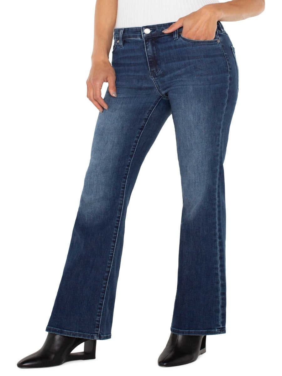 Liverpool Lucy 32” Bootcut Denim Jeans in dark wash denim styled with black ankle boots by Liverpool.