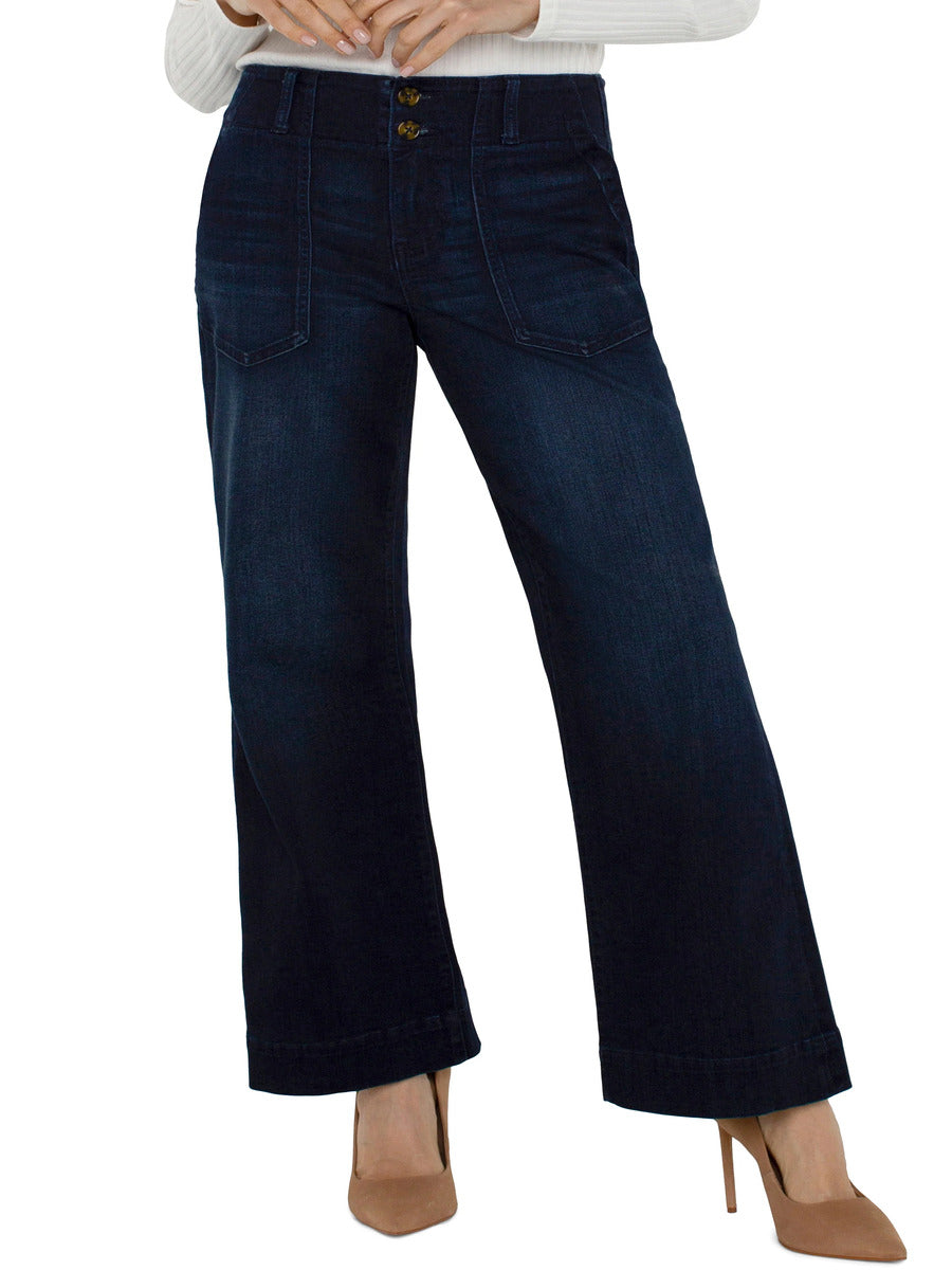 Liverpool Patch Pocket 31” Trouser in dark denim with patch pockets and double button closure by Liverpool.