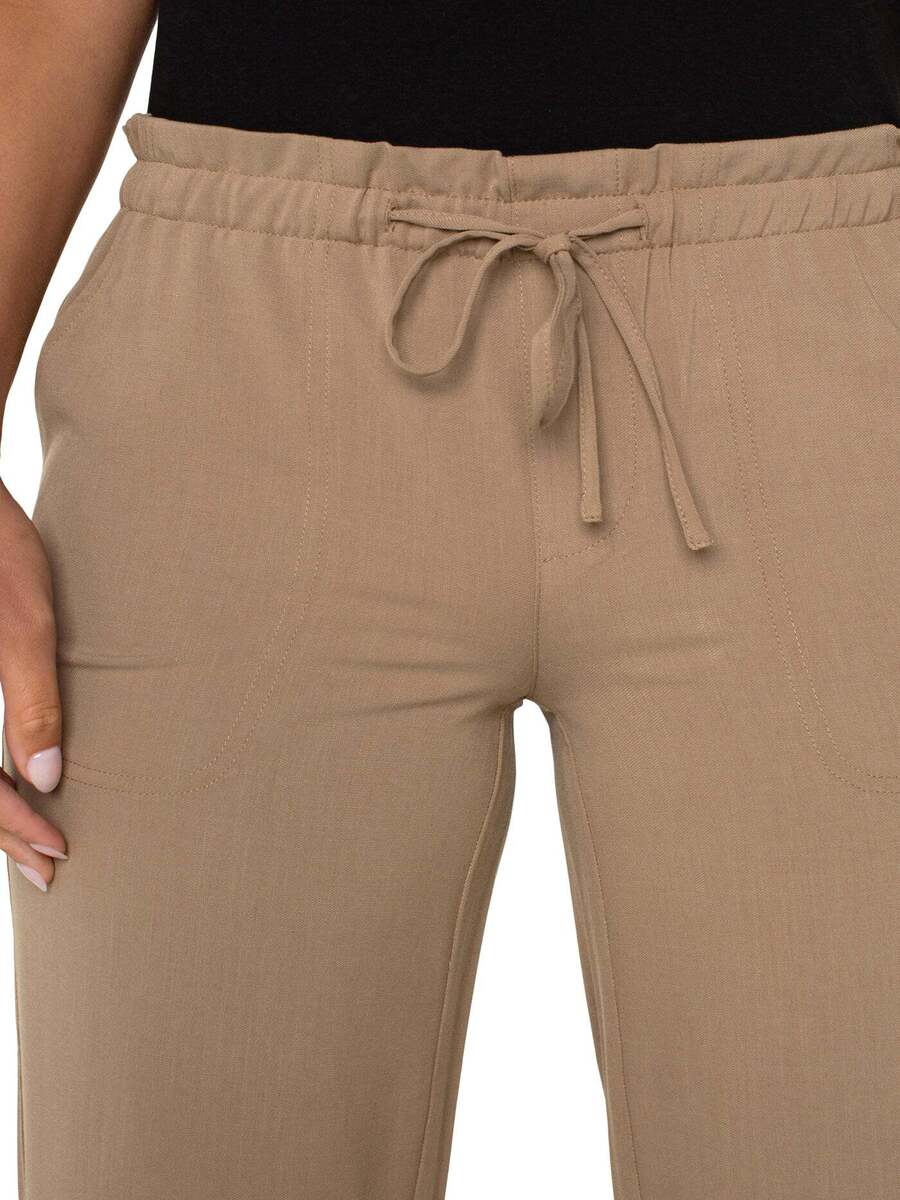 Close-up of beige Liverpool Tie Waist Wide Leg 26” Pant with drawstring waist and relaxed fit styling