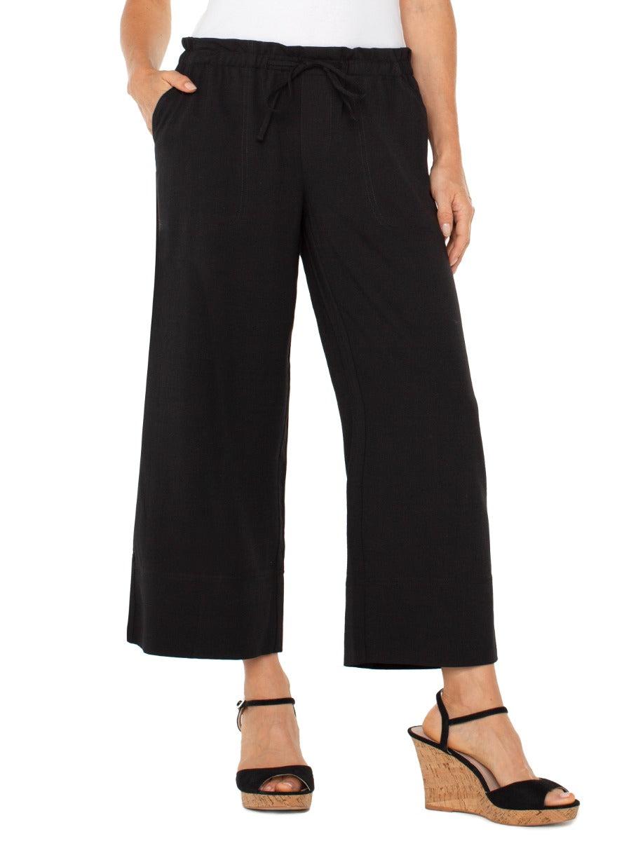 Liverpool Tie Waist Wide Leg 26” Pant in black, featuring a relaxed fit and adjustable waist tie by Liverpool.