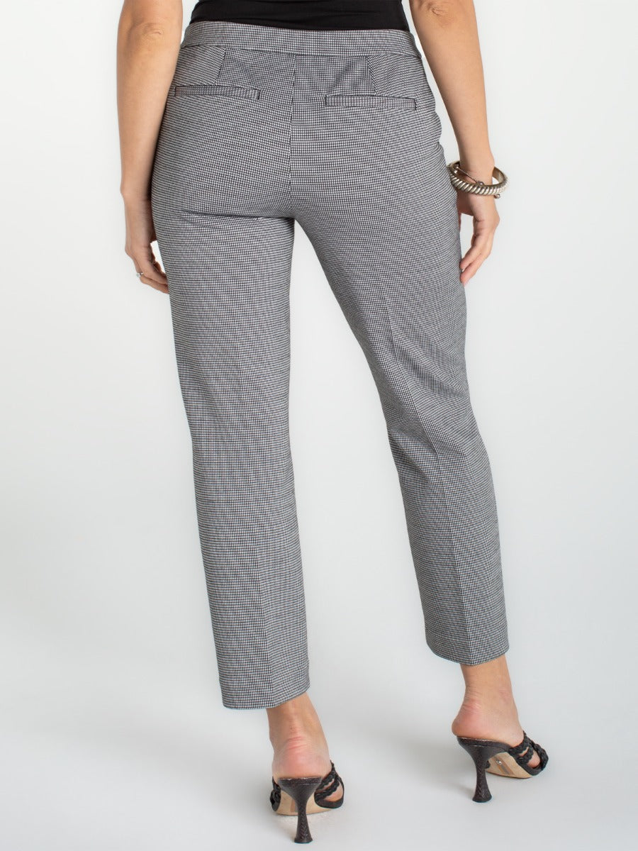 Rear view of Liverpool Kayla Pullon Trouser in black and white check pattern with back welt pockets by Liverpool.
