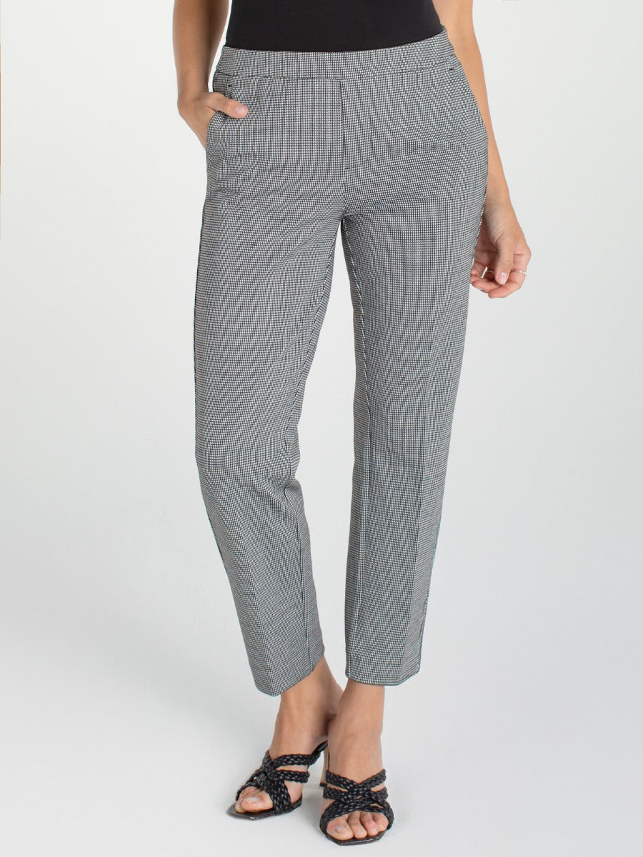 Liverpool Kayla Pullon Trouser in black and white check pattern styled with black top and sandals from Liverpool.