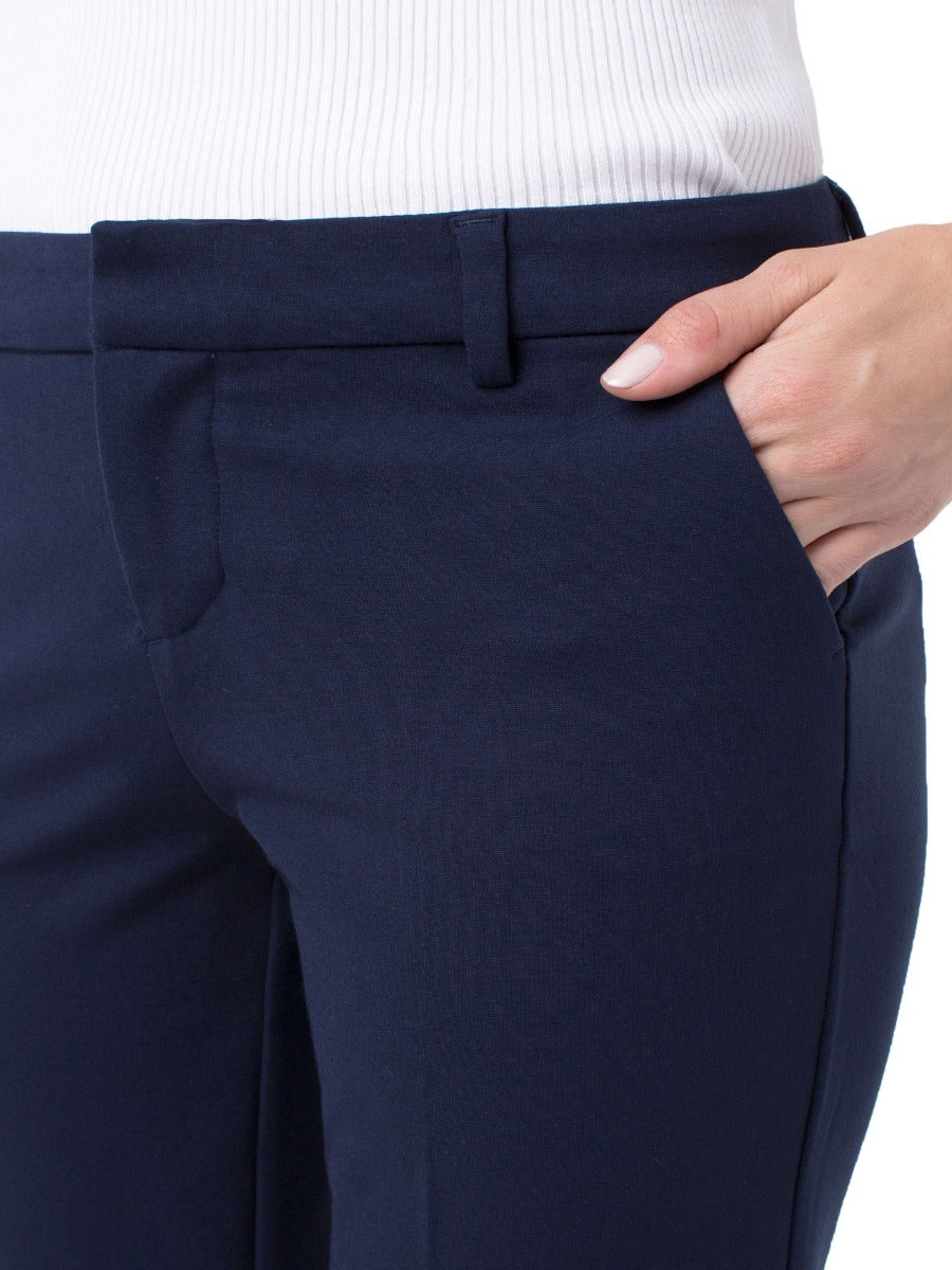 Close-up of navy Liverpool Kelsey Solid 29” Pant featuring side pocket detail and belt loops by Liverpool.