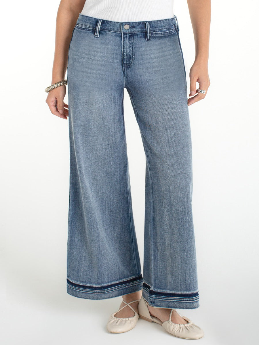 Liverpool Super Stride Wide Leg Jeans in medium wash denim with wide cuffs and a relaxed fit from Liverpool.