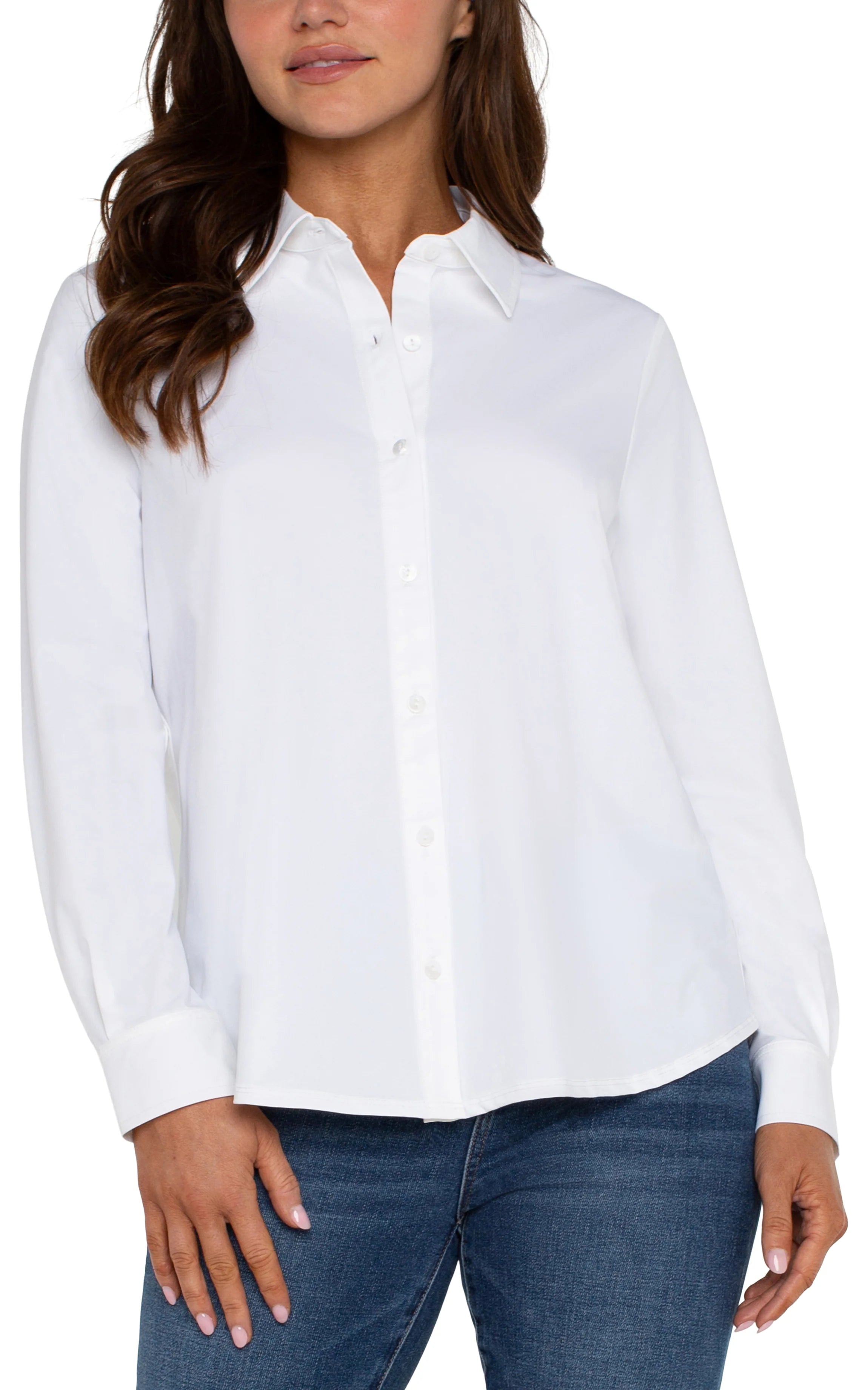 Liverpool Long Sleeve Button Front Shirt for Women in white cotton paired with denim jeans, casual style top.