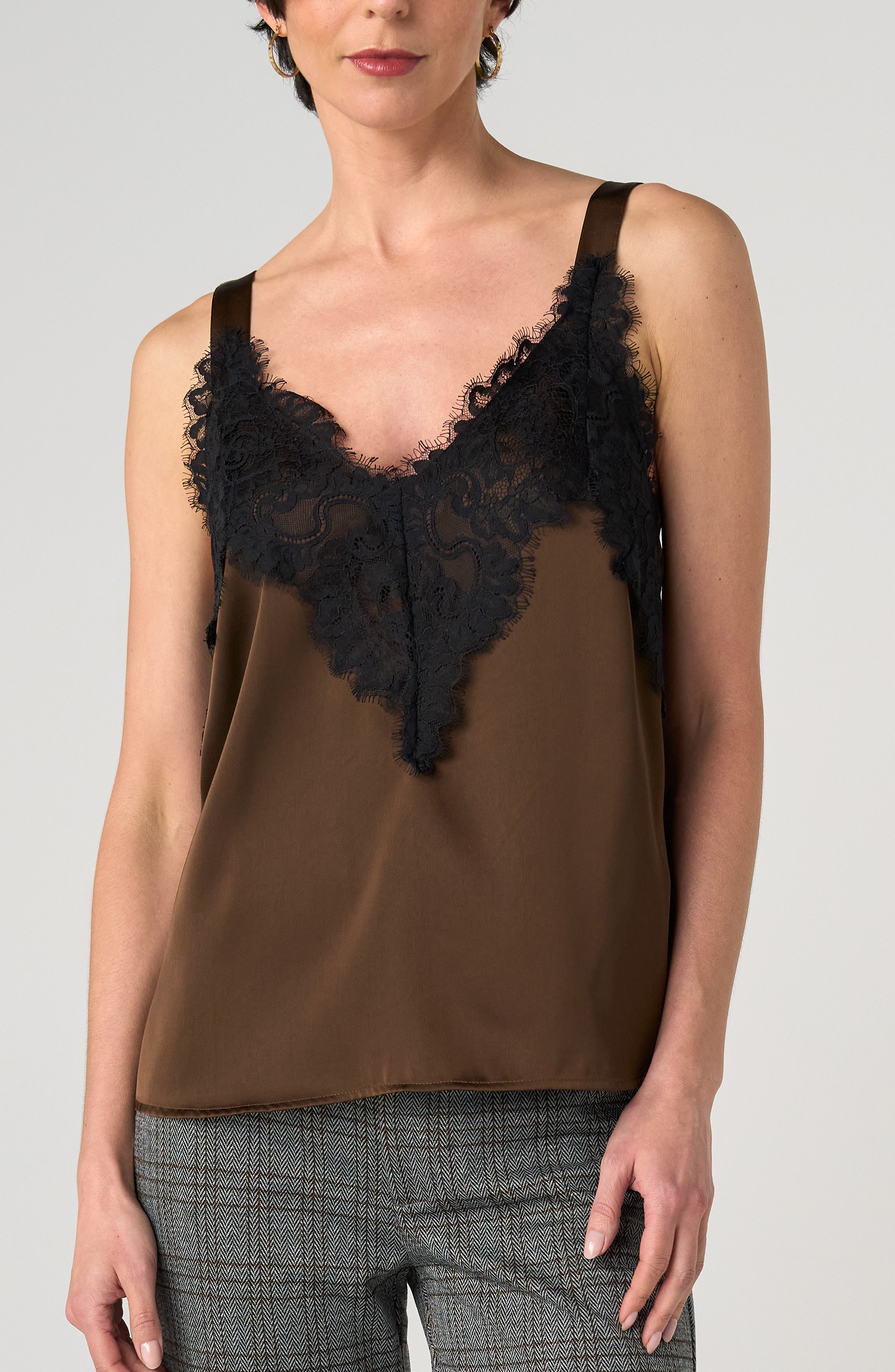 Liverpool Living Lingerie Lace Camisole in brown with black lace trim, styled with plaid gray pants by Liverpool.