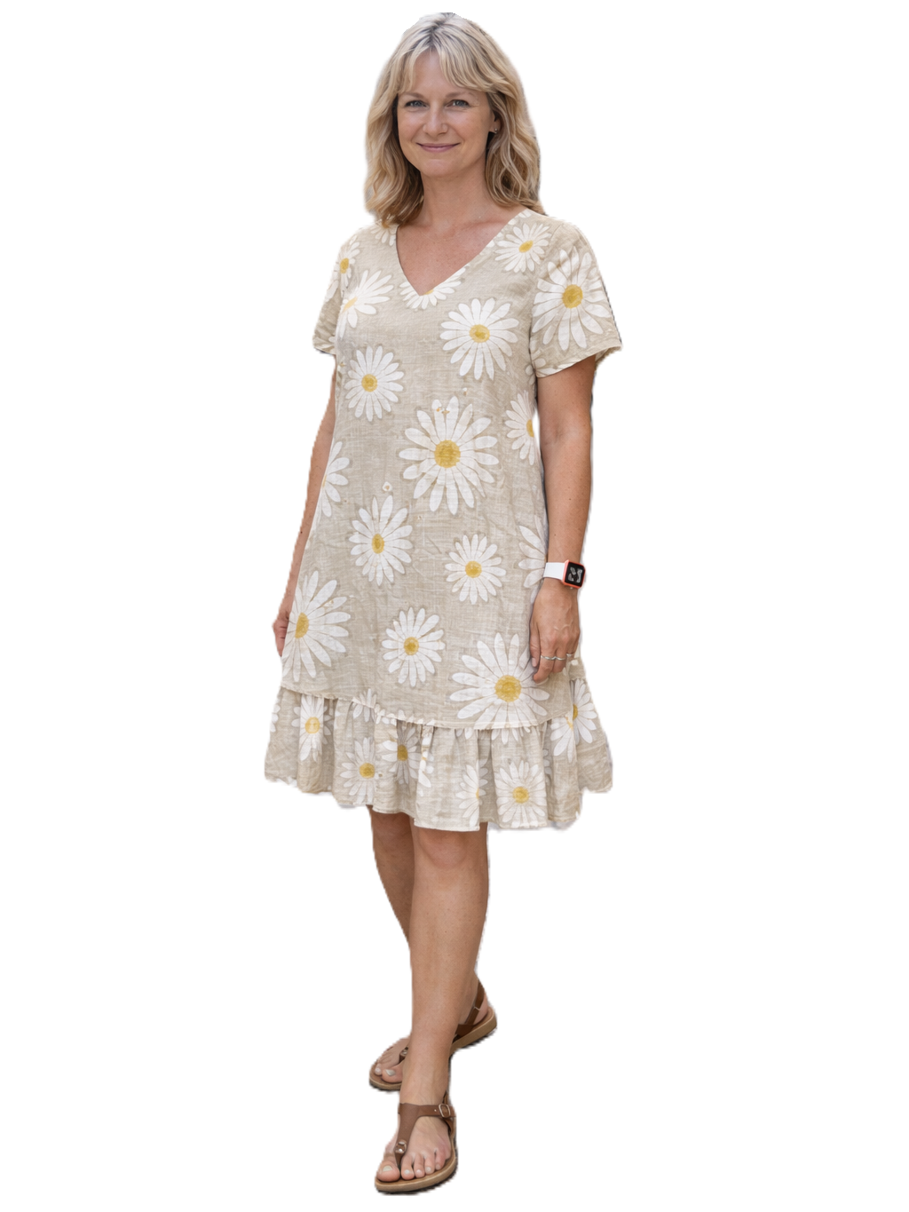 Daisy Print Layered Cotton Dress by Plum Loco in beige with white and yellow floral pattern, short sleeves, and ruffled hem.