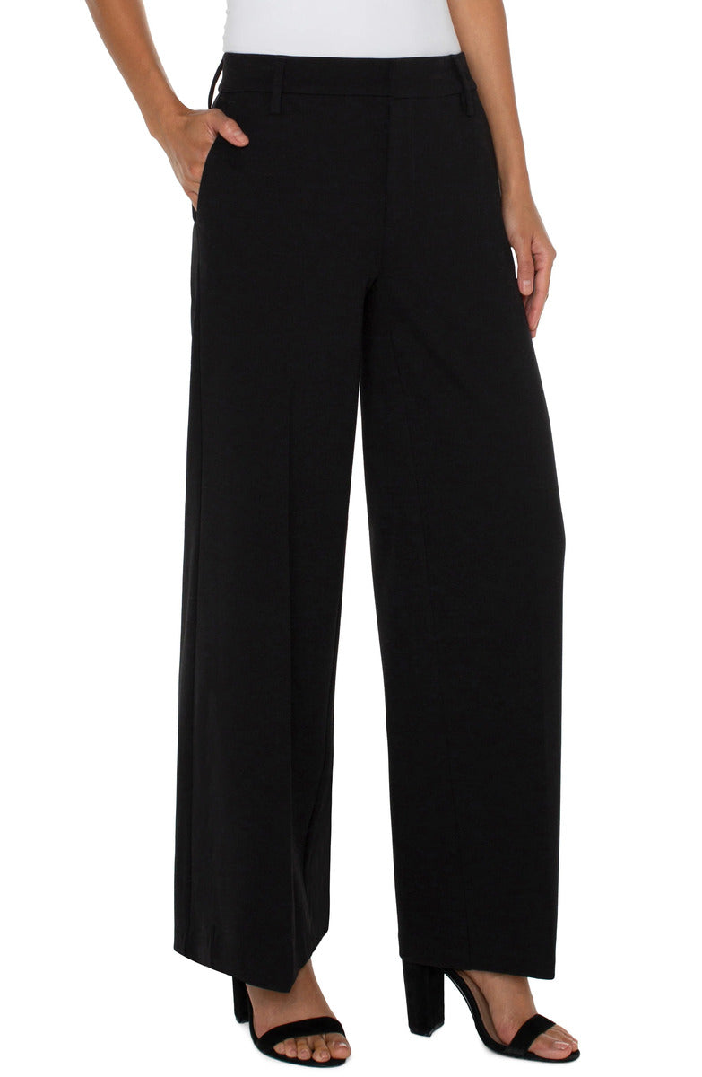 Liverpool Kelsey Wide Leg Trouser in black, featuring a high waist and relaxed fit with side pockets by Liverpool.
