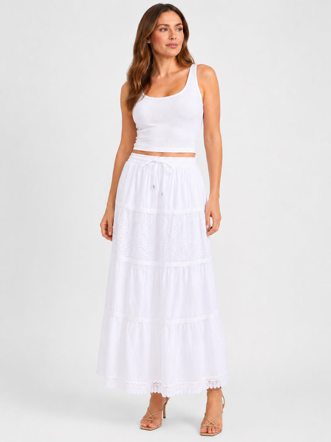 White Prairie Eyelet Tiered Midi Skirt by Nulook Fashions featuring layered eyelet detailing and lace trim.